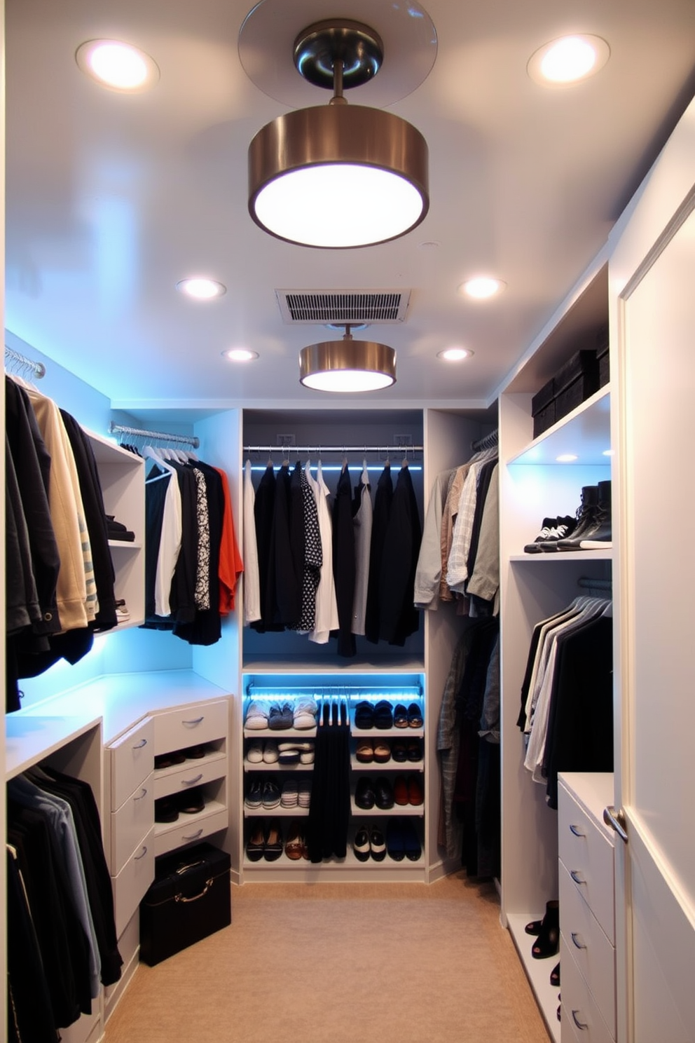 A spacious walk-in closet features overhead fixtures that provide general brightness throughout the room. The lighting is soft yet ample, illuminating the organized shelves and hanging spaces with a warm glow. Incorporate recessed lighting into the ceiling to enhance the modern aesthetic of the walk-in closet. Accent lights can be strategically placed to highlight specific areas, such as shoe displays and accessories.