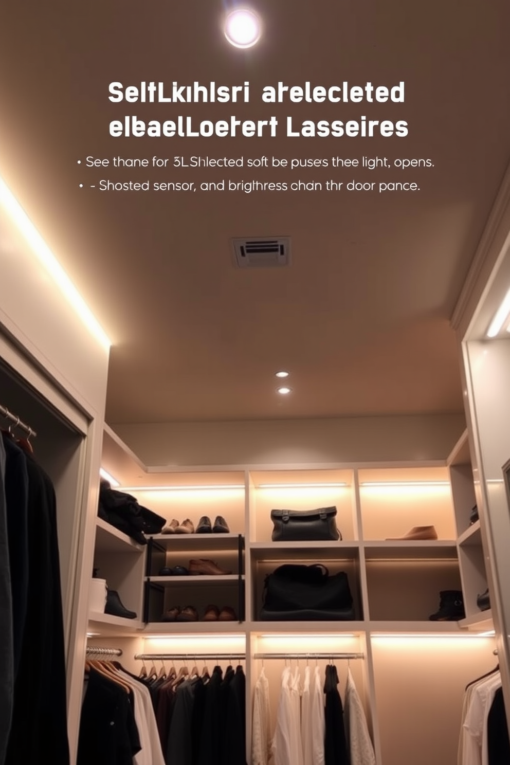 A modern walk-in closet featuring smart lighting systems that adjust based on occupancy. The ceiling is adorned with recessed LED lights that illuminate the space while accent lights highlight the shoe shelves and clothing racks. The closet includes a motion sensor that activates the lights when the door opens. Soft, warm lighting creates an inviting atmosphere, and a sleek control panel allows customization of brightness and color temperature.