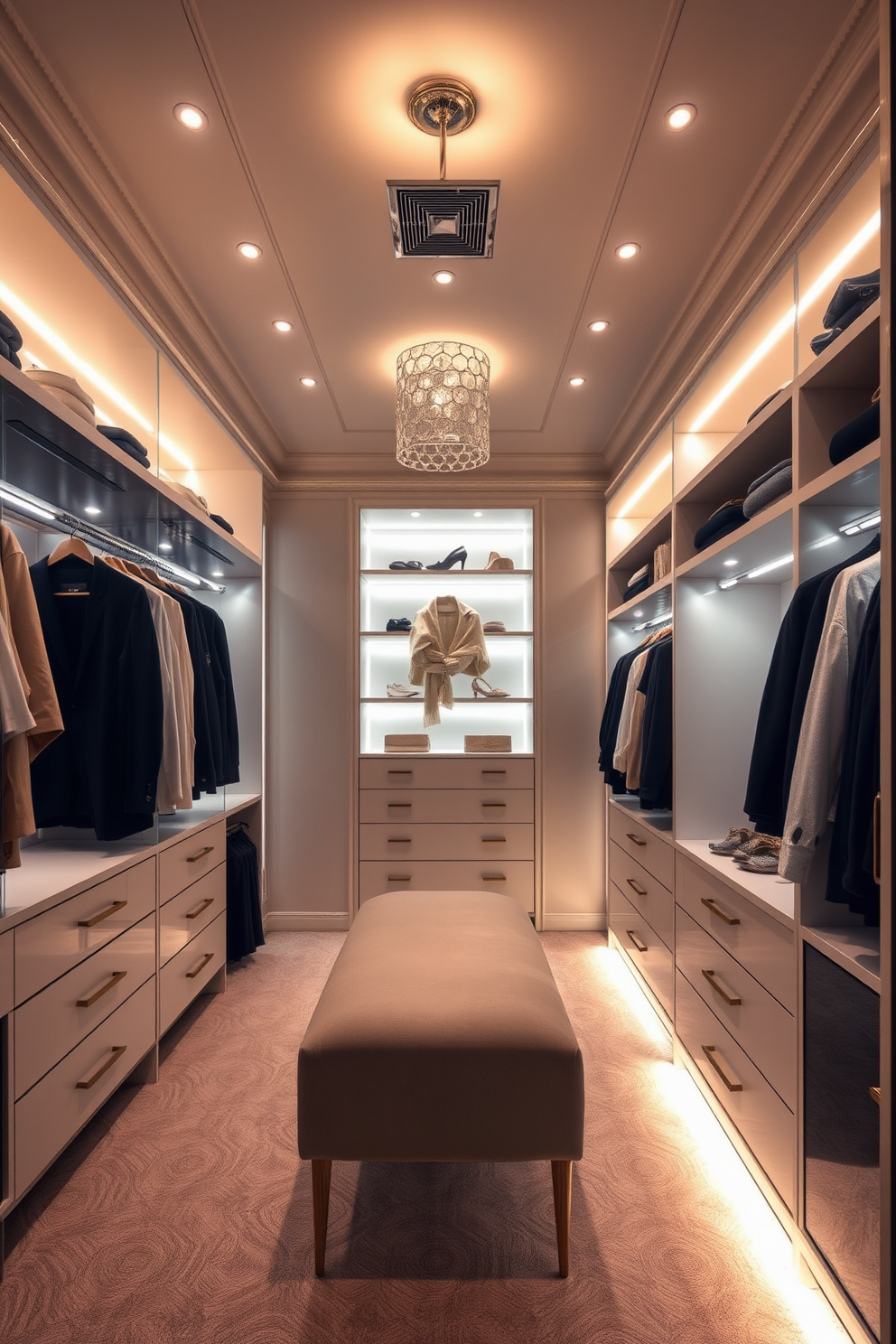 Create a stunning walk-in closet featuring floor lights that provide a unique and inviting effect. The space is designed with elegant shelving and hanging areas, illuminated by soft, ambient lighting that highlights the luxurious materials. Incorporate a mix of recessed lighting and decorative fixtures to enhance the overall aesthetic. The floor lights create a warm glow that accentuates the textures of the clothing and accessories on display.