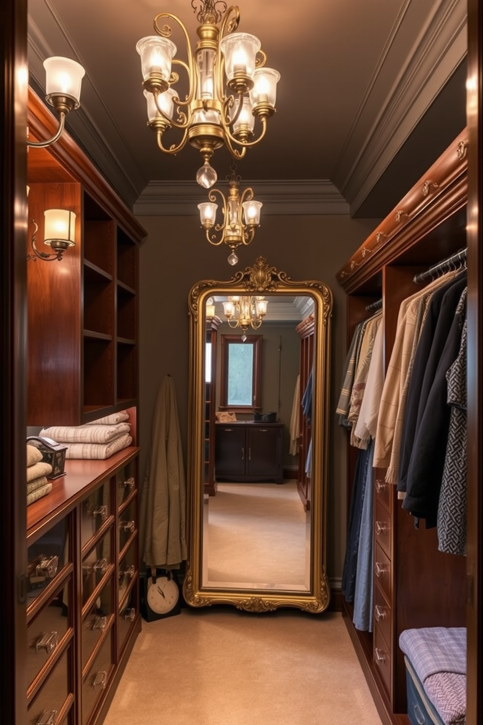 A walk-in closet designed with vintage fixtures that evoke a classic vibe. The space features elegant chandeliers and sconces, creating a warm and inviting atmosphere. Soft lighting illuminates the rich wood shelving and plush carpeting, enhancing the overall luxury of the closet. A vintage-style full-length mirror reflects the beauty of the space, adding both function and charm.