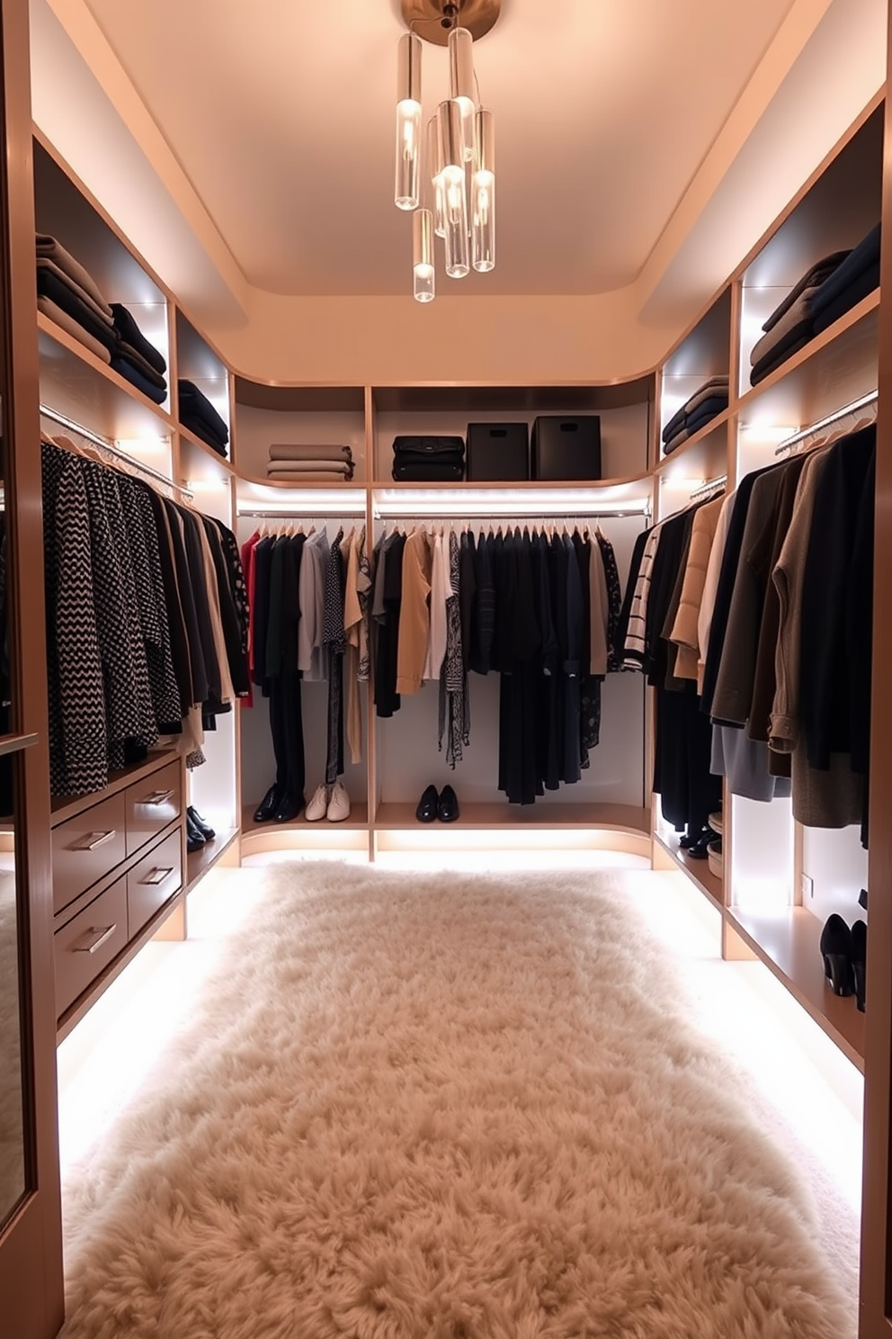 A stylish walk-in closet featuring lighted clothing racks that enhance visibility and showcase the wardrobe. The racks are elegantly designed with soft LED lighting integrated into the shelves, illuminating the garments while creating a warm and inviting atmosphere. The walls are adorned with a soft neutral color, providing a perfect backdrop for the organized clothing display. A plush area rug lies on the floor, adding comfort and style to the space while complementing the modern lighting fixtures above.