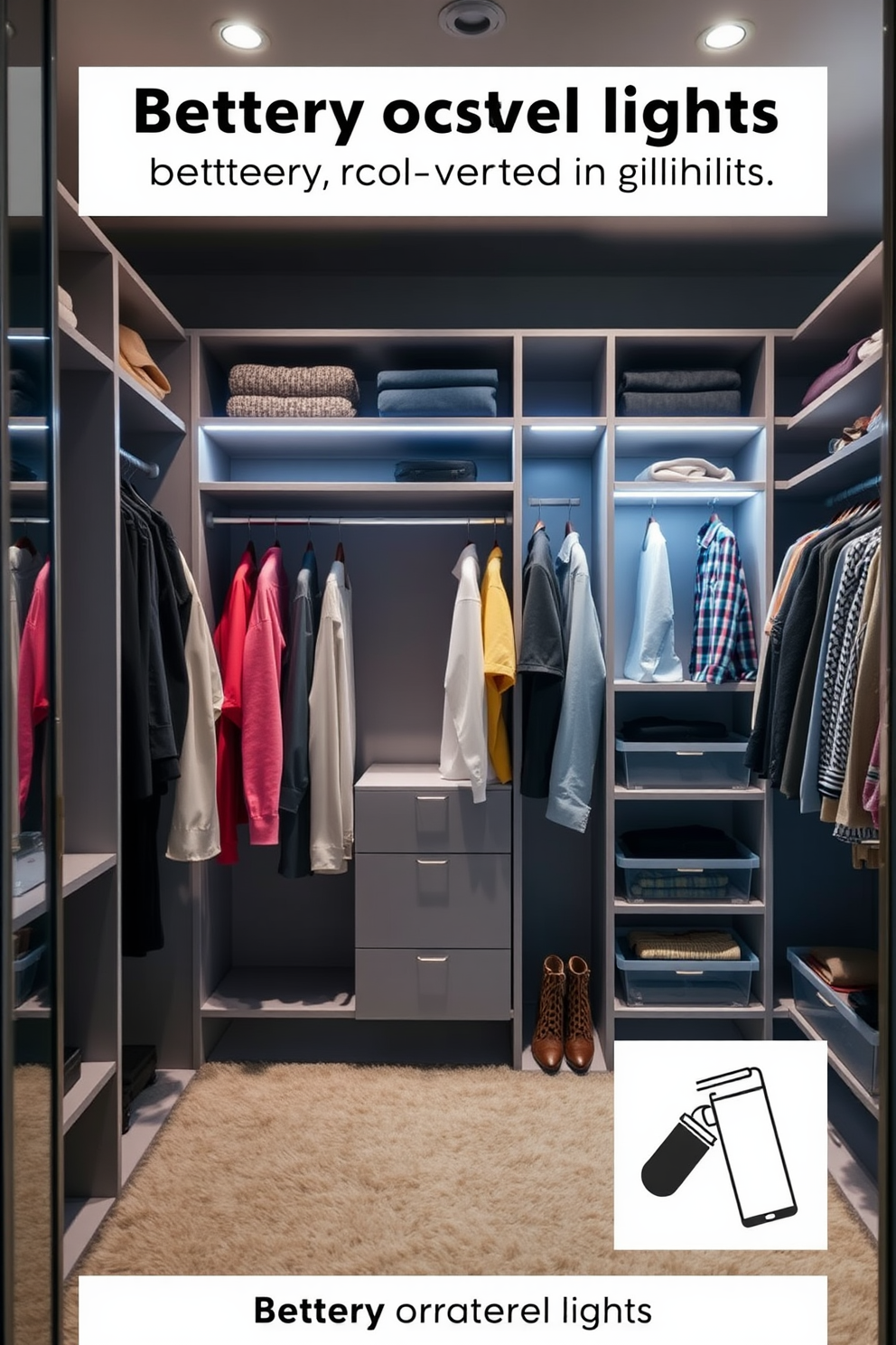 A modern walk-in closet featuring battery-operated lights for easy installation. The space is adorned with sleek shelving and a plush carpet, creating a cozy yet functional environment. The battery-operated lights are strategically placed to illuminate the entire closet area. Soft white lighting enhances the colors of the clothing and accessories displayed throughout the space.