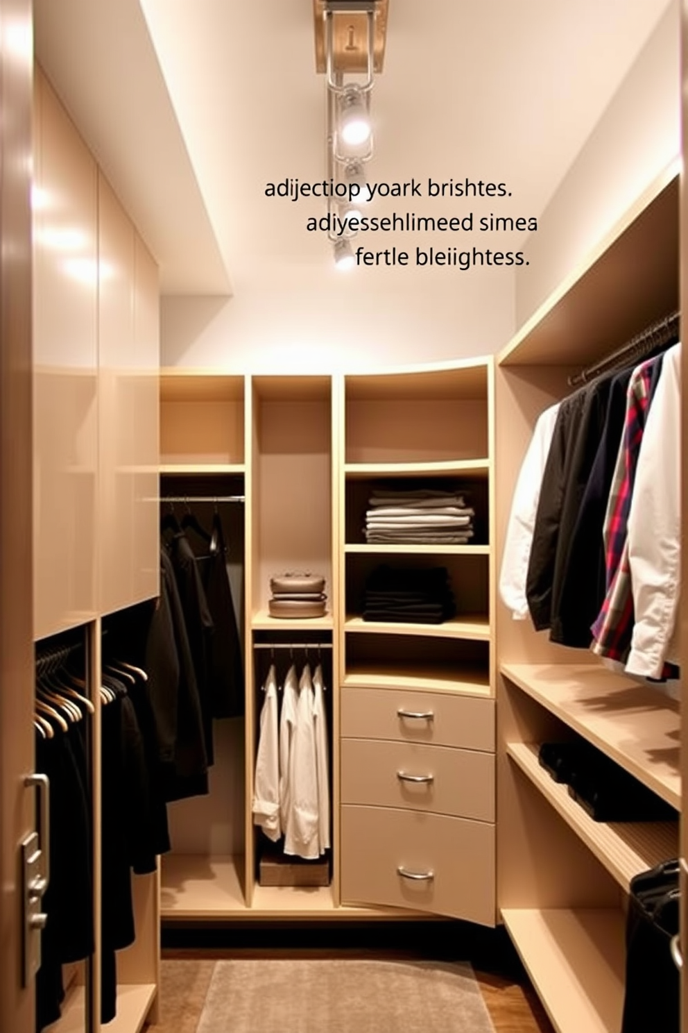 A modern walk-in closet featuring track lighting that allows for adjustable brightness. The sleek design includes a combination of open shelving and hanging space, with the track lights illuminating each section evenly.