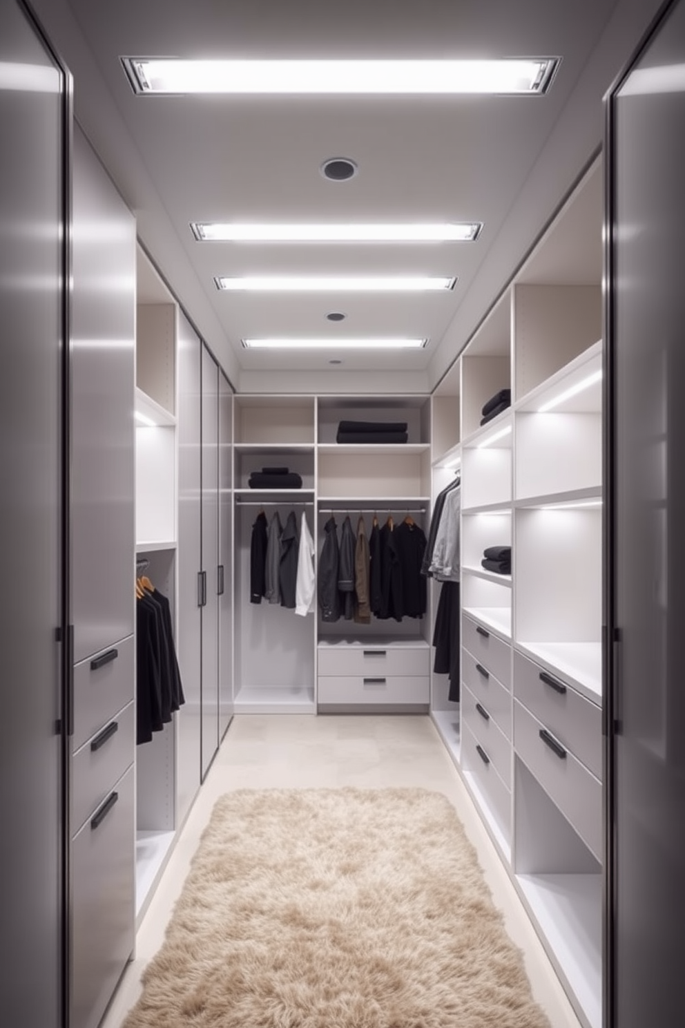 A modern walk-in closet featuring sleek light tubes integrated into the ceiling for a contemporary feel. The space is adorned with minimalist shelving and a plush area rug, creating a stylish yet functional environment.