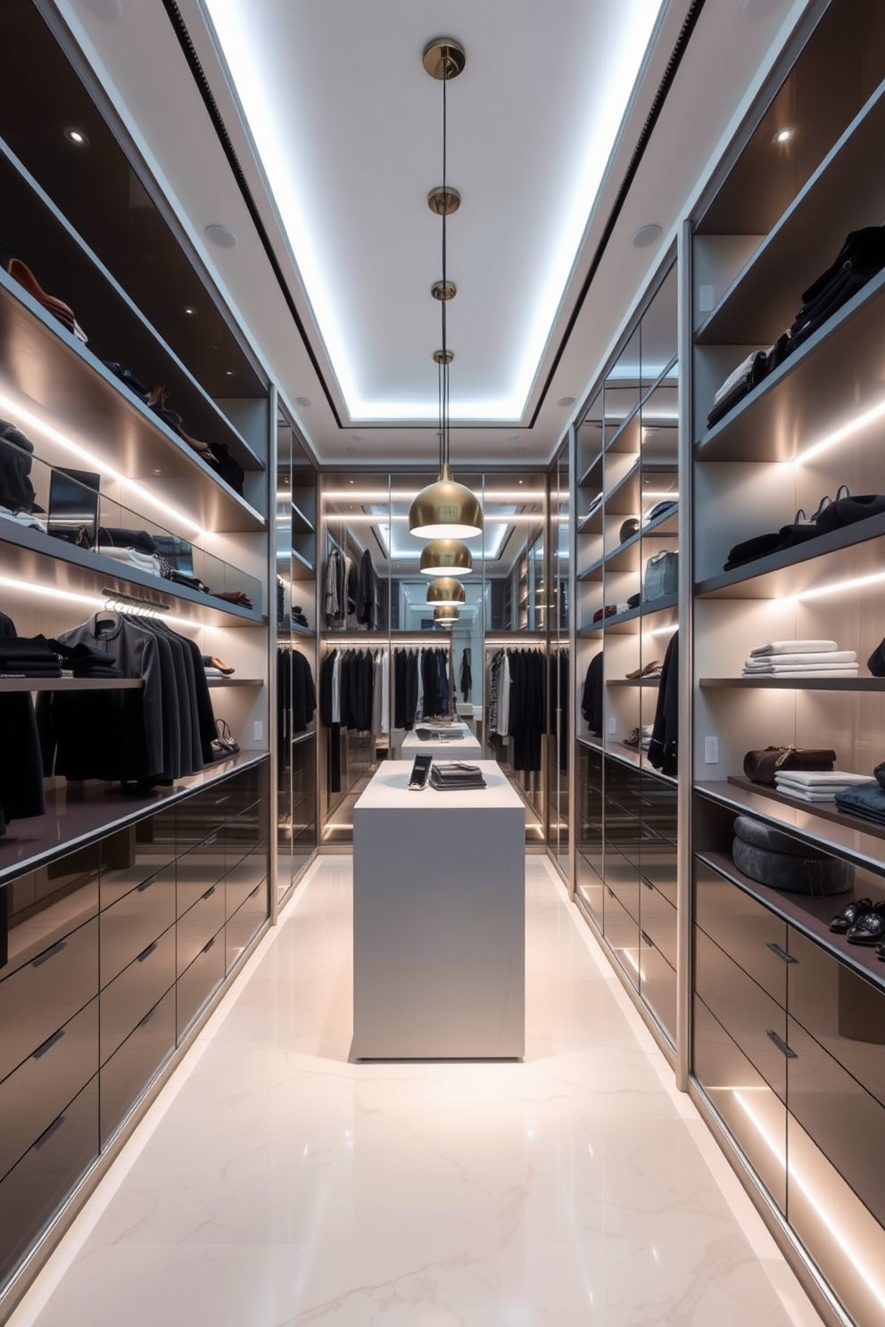 A walk-in closet designed for elegance and functionality. Floating shelves line the walls, featuring hidden lights that create a soft, inviting glow throughout the space. The closet is equipped with a central island for accessories, illuminated by pendant lights above. Mirrored surfaces reflect light, enhancing the overall brightness and creating a luxurious atmosphere.