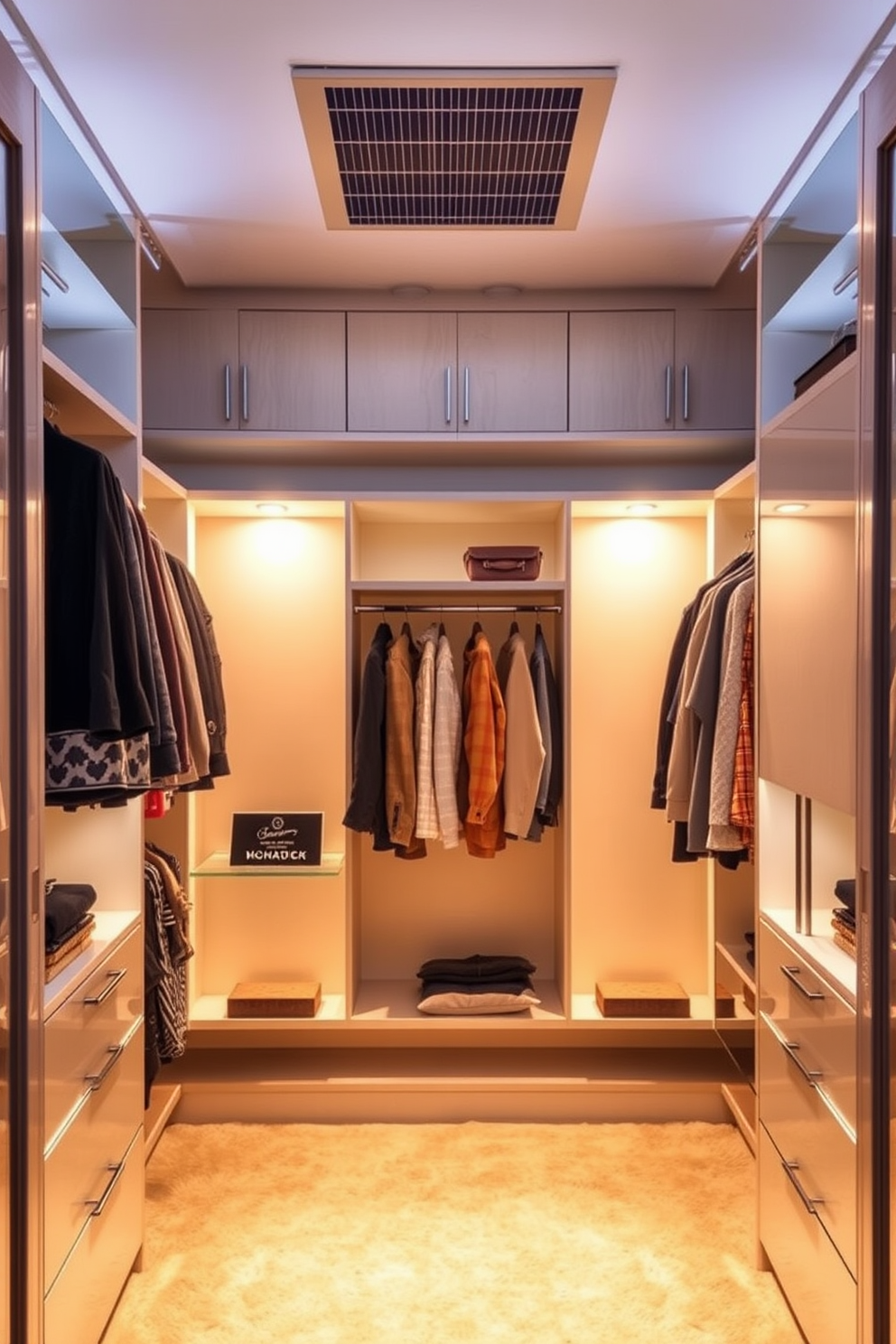 A modern walk-in closet featuring solar-powered lights that create a warm and inviting atmosphere. The walls are lined with elegant shelving, and the floor is covered in soft, plush carpeting that enhances the overall comfort. The solar-powered fixtures are strategically placed to highlight clothing and accessories, providing both functionality and style. Soft LED lighting illuminates the space, making it easy to find the perfect outfit while promoting eco-friendly living.