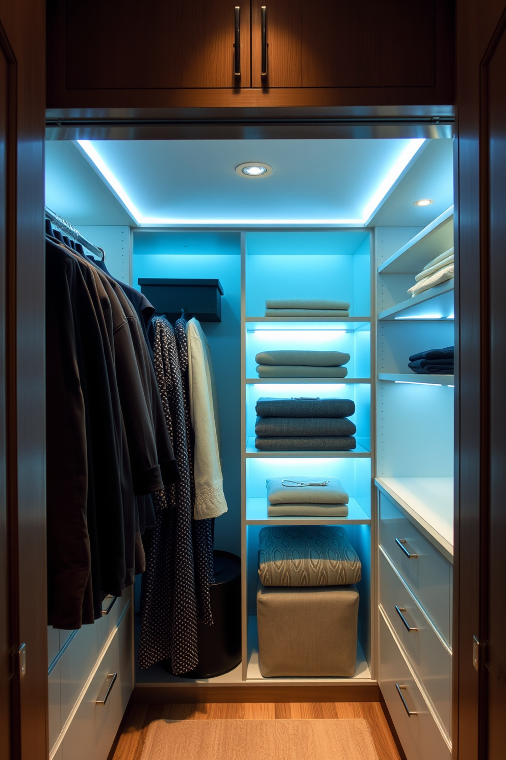 A walk-in closet featuring under-cabinet lighting that enhances visibility and showcases the organized shelves. The soft glow from the lights creates an inviting atmosphere, highlighting the rich textures of the fabrics and materials within the space. Incorporate recessed lighting along the perimeter of the closet to provide overall illumination and accentuate the design elements. This combination of ambient and task lighting ensures that every corner of the closet is well-lit and functional.