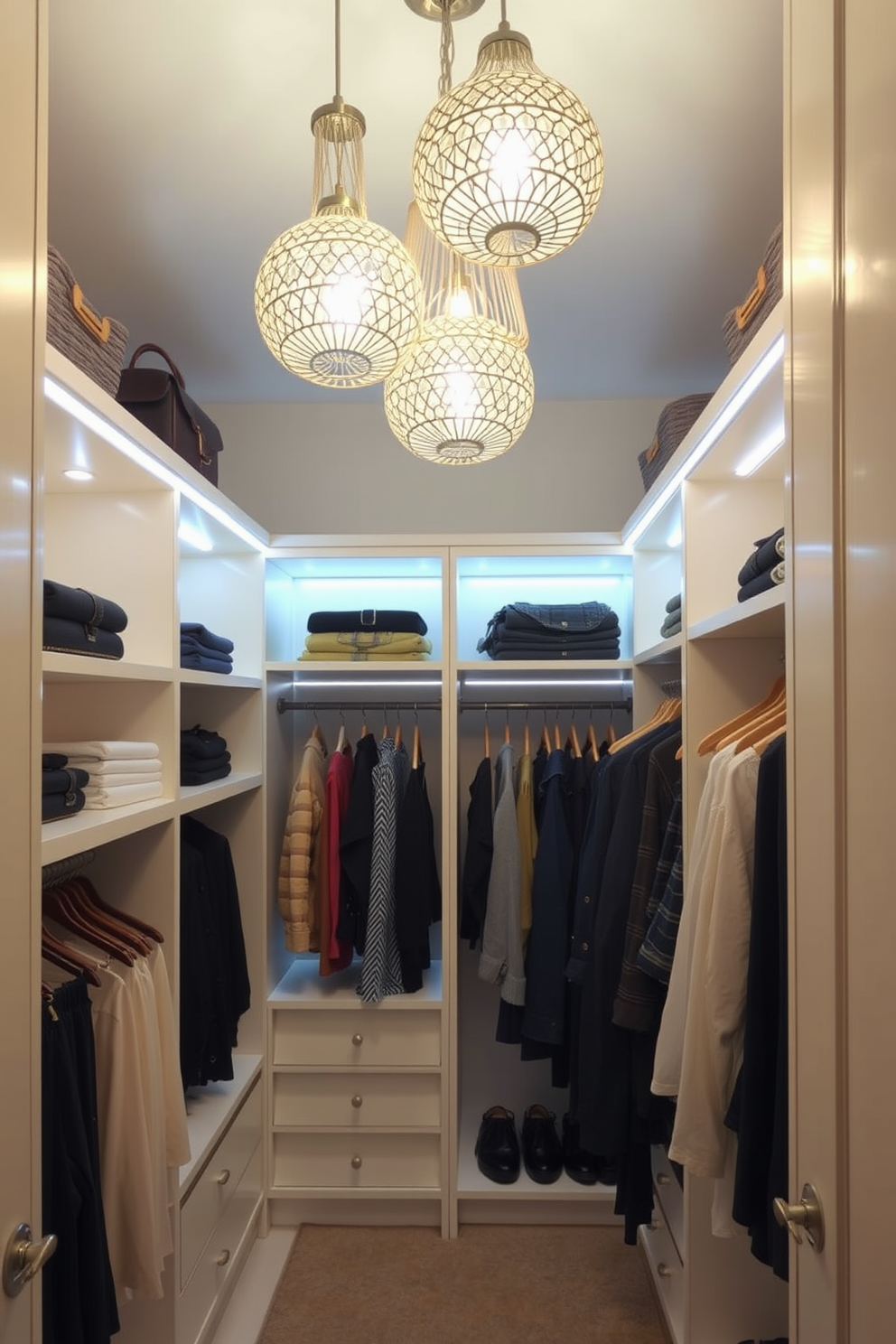 Artistic light fixtures create a unique atmosphere in the walk-in closet. Consider pendant lights with intricate designs that add elegance and personality to the space. Incorporate LED strip lighting along shelves and hanging rods for a modern touch. This not only enhances visibility but also adds a warm glow that highlights your clothing and accessories.