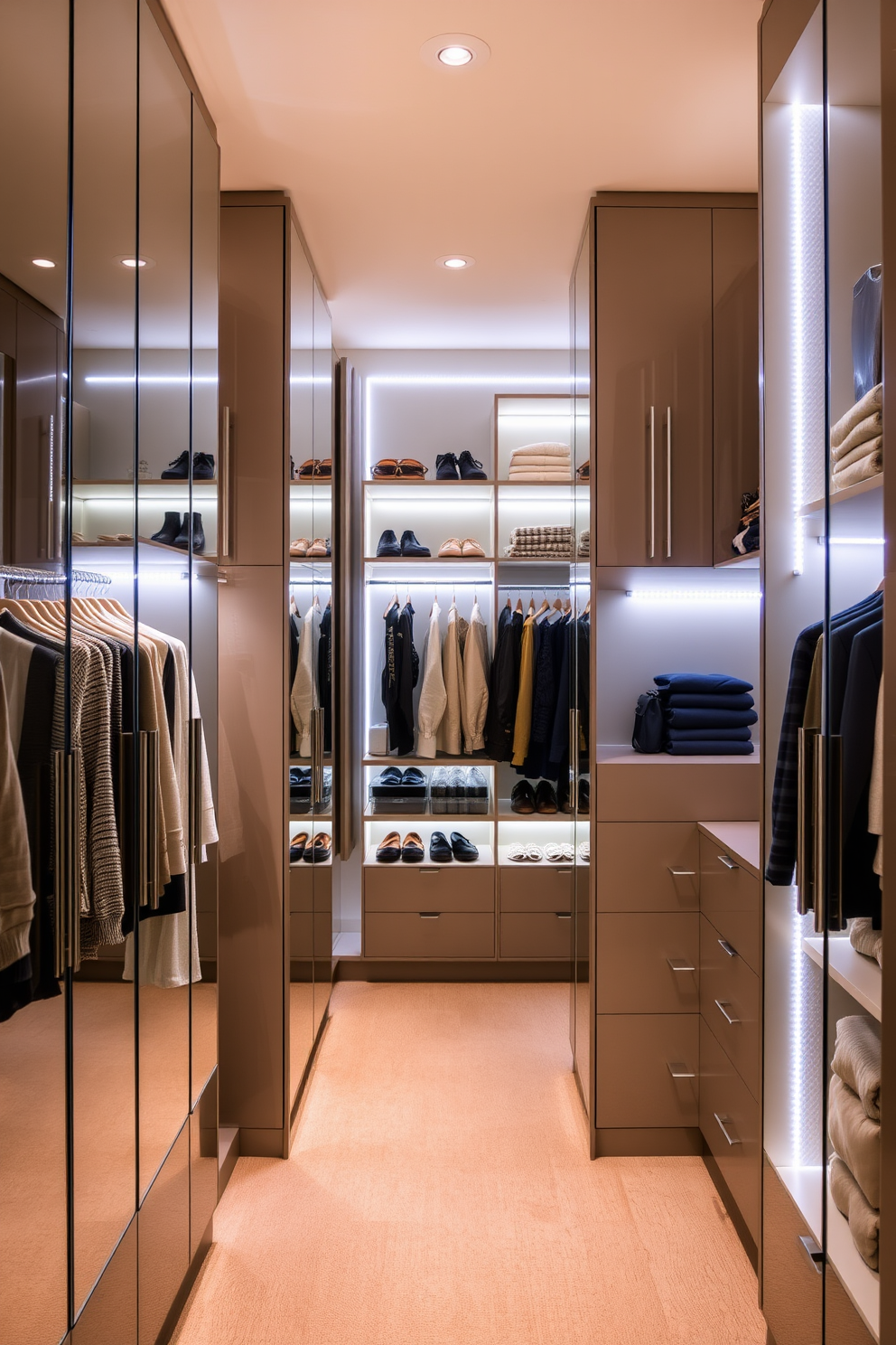 A luxurious walk-in closet featuring mirror cabinets with built-in lighting that illuminate the space beautifully. The cabinets are sleek and modern, providing ample storage while enhancing the overall elegance of the room. Soft ambient lighting highlights the organized shelves and clothing displays, creating a warm and inviting atmosphere. The combination of natural and artificial light ensures every corner of the closet is well-lit and functional.