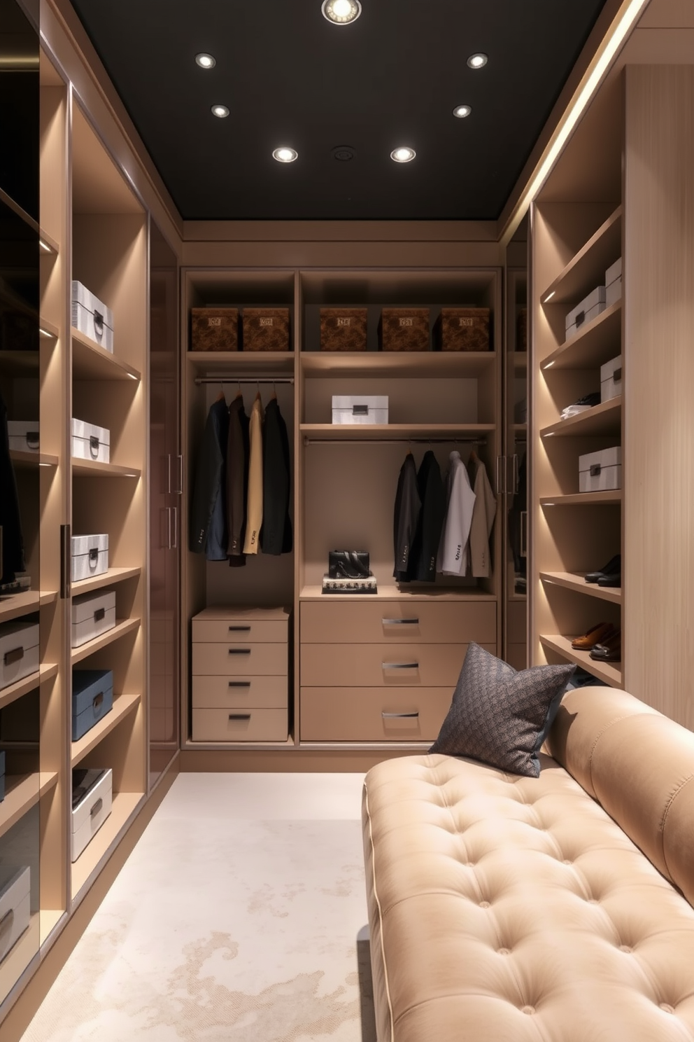 A luxurious walk-in closet featuring adjustable spotlights strategically positioned to provide focused illumination on clothing and accessories. The shelves are lined with elegant storage boxes, and a plush seating area invites relaxation amidst a backdrop of soft, neutral tones.