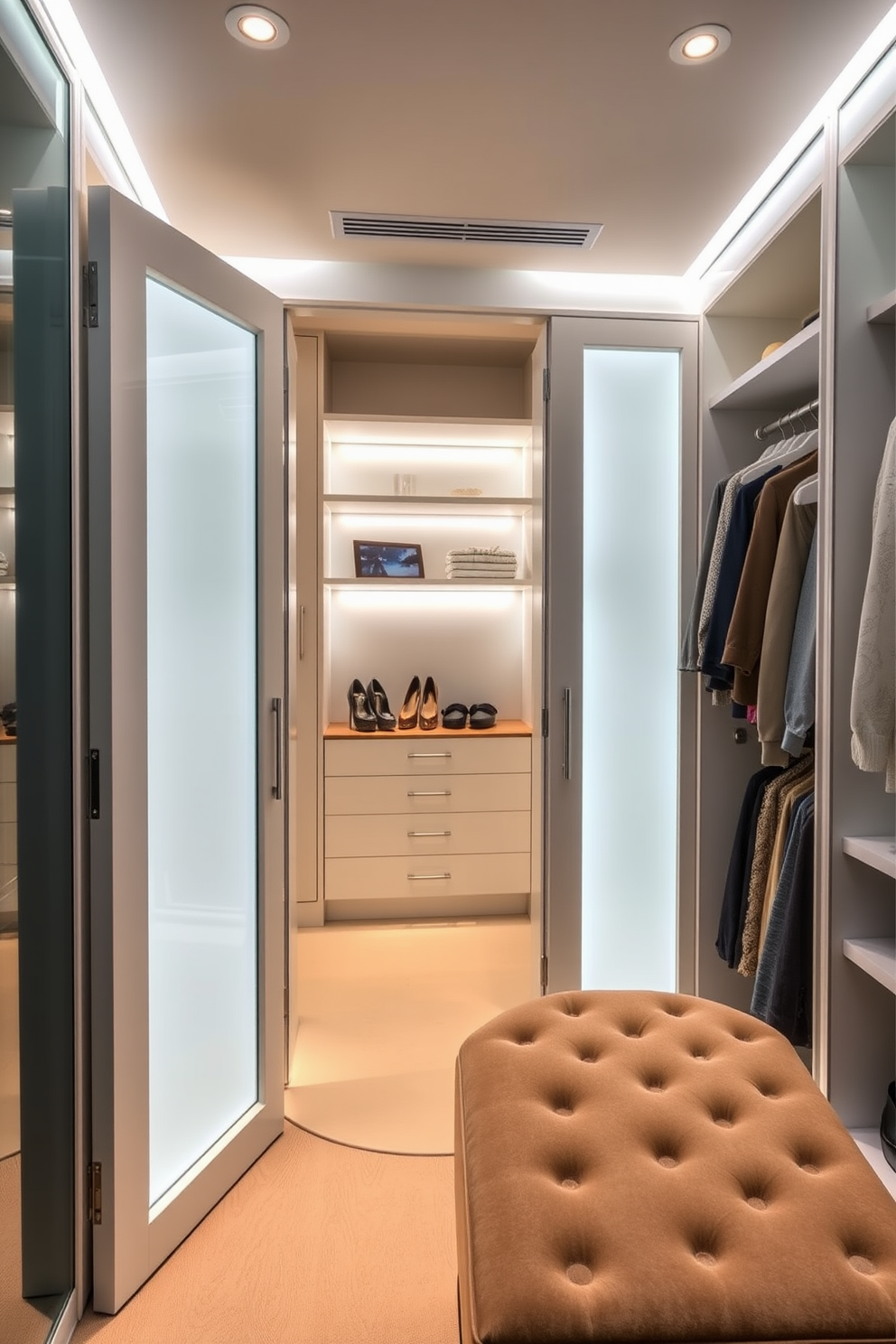 A luxurious walk-in closet featuring integrated lighting within the doors. The soft glow illuminates the space, highlighting custom shelving and a plush seating area with a stylish ottoman.