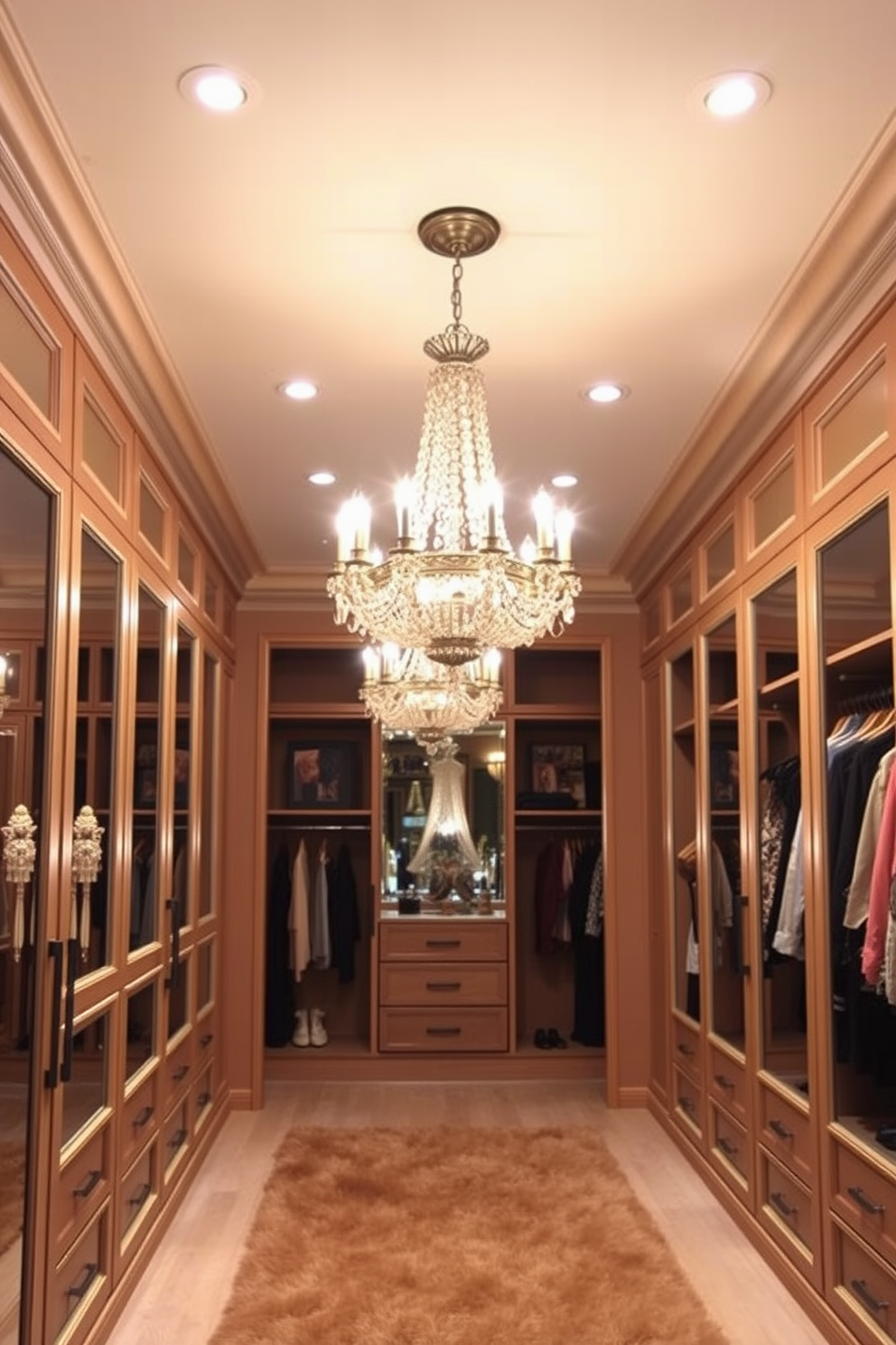 A stunning walk-in closet featuring elegant chandeliers that illuminate the space with a warm glow. The walls are lined with custom cabinetry, and a plush area rug adds a touch of luxury underfoot. The chandeliers are designed with intricate details and crystals, reflecting light beautifully throughout the room. Soft recessed lighting complements the chandeliers, creating a welcoming atmosphere for selecting outfits.