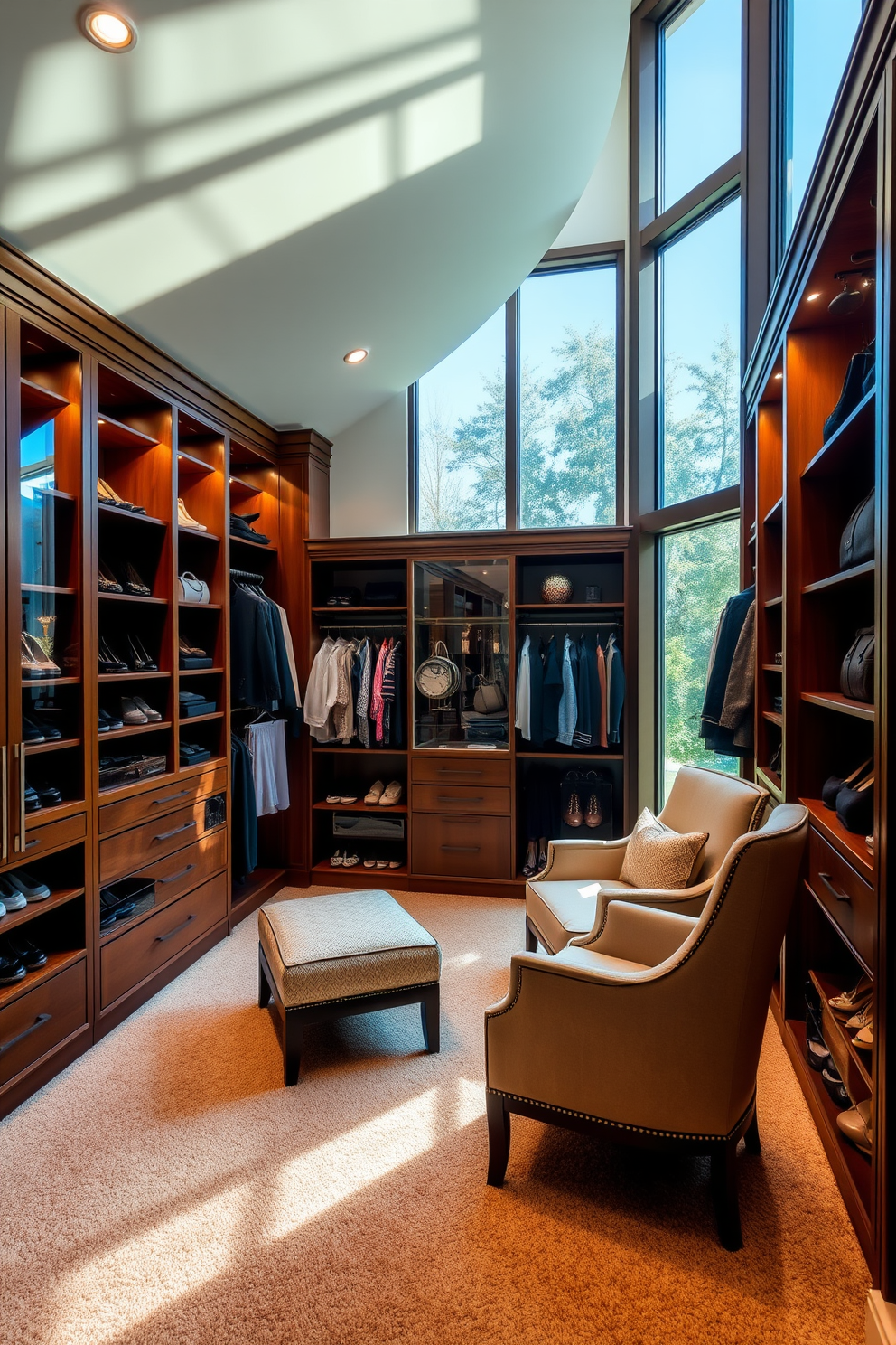 A spacious walk-in closet features floor-to-ceiling windows that allow natural light to flood the space, enhancing the rich wooden cabinetry and plush carpet. Soft lighting fixtures are strategically placed to illuminate the clothing and accessories, creating a warm and inviting atmosphere. The closet includes an elegant seating area with a comfortable chair, perfect for putting on shoes or reviewing outfits. Shelving is organized and stylishly decorated, showcasing a curated selection of shoes and handbags.