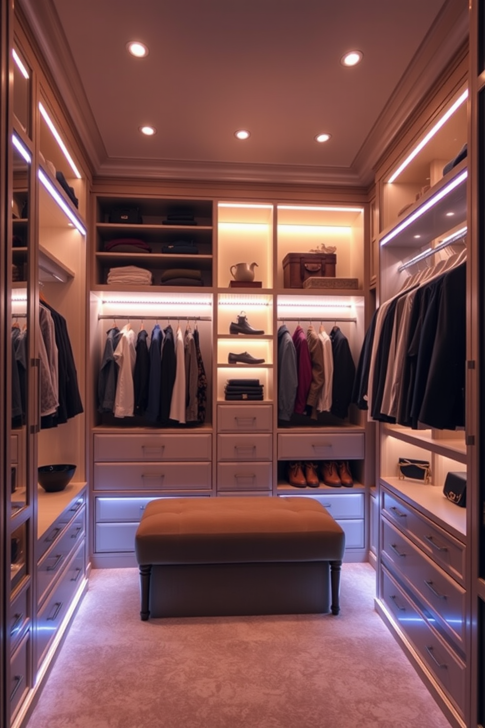 A luxurious walk-in closet featuring LED strip lights installed under the shelves to create a warm and inviting ambiance. The closet is spacious with custom cabinetry, showcasing elegant storage solutions and a plush seating area. The LED strip lights illuminate the clothing and accessories, enhancing the colors and textures of the fabrics. Soft, diffused lighting from the strips highlights the organized space, making it both functional and aesthetically pleasing.