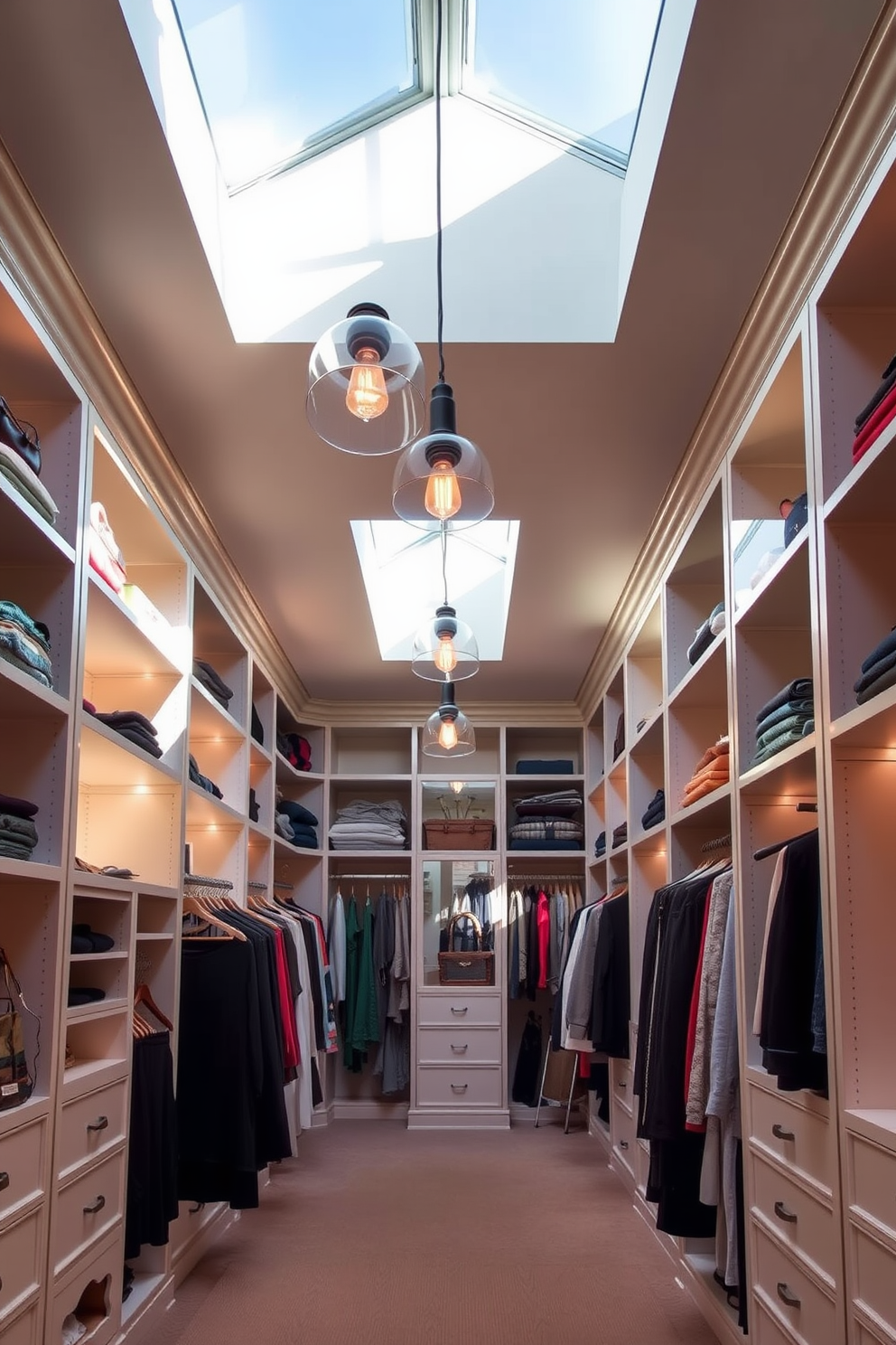 A spacious walk-in closet filled with natural light streaming through large skylights. The walls are lined with custom shelving and elegant hanging rods, showcasing a curated selection of clothing and accessories. Soft, ambient lighting is incorporated into the design, illuminating the space with a warm glow. Stylish pendant lights hang from the ceiling, adding a touch of sophistication while enhancing the overall functionality of the closet.