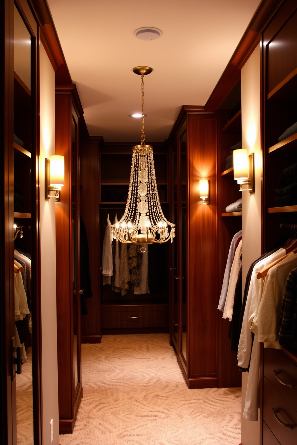 A cozy walk-in closet featuring wall sconces that provide soft ambient lighting. The sconces are mounted on the walls, illuminating the space with a warm glow, enhancing the rich wood cabinetry and plush carpet. In the center of the closet, a stylish chandelier adds a touch of elegance while complementing the overall design. The combination of sconces and chandelier creates a luxurious atmosphere, perfect for showcasing a curated wardrobe.