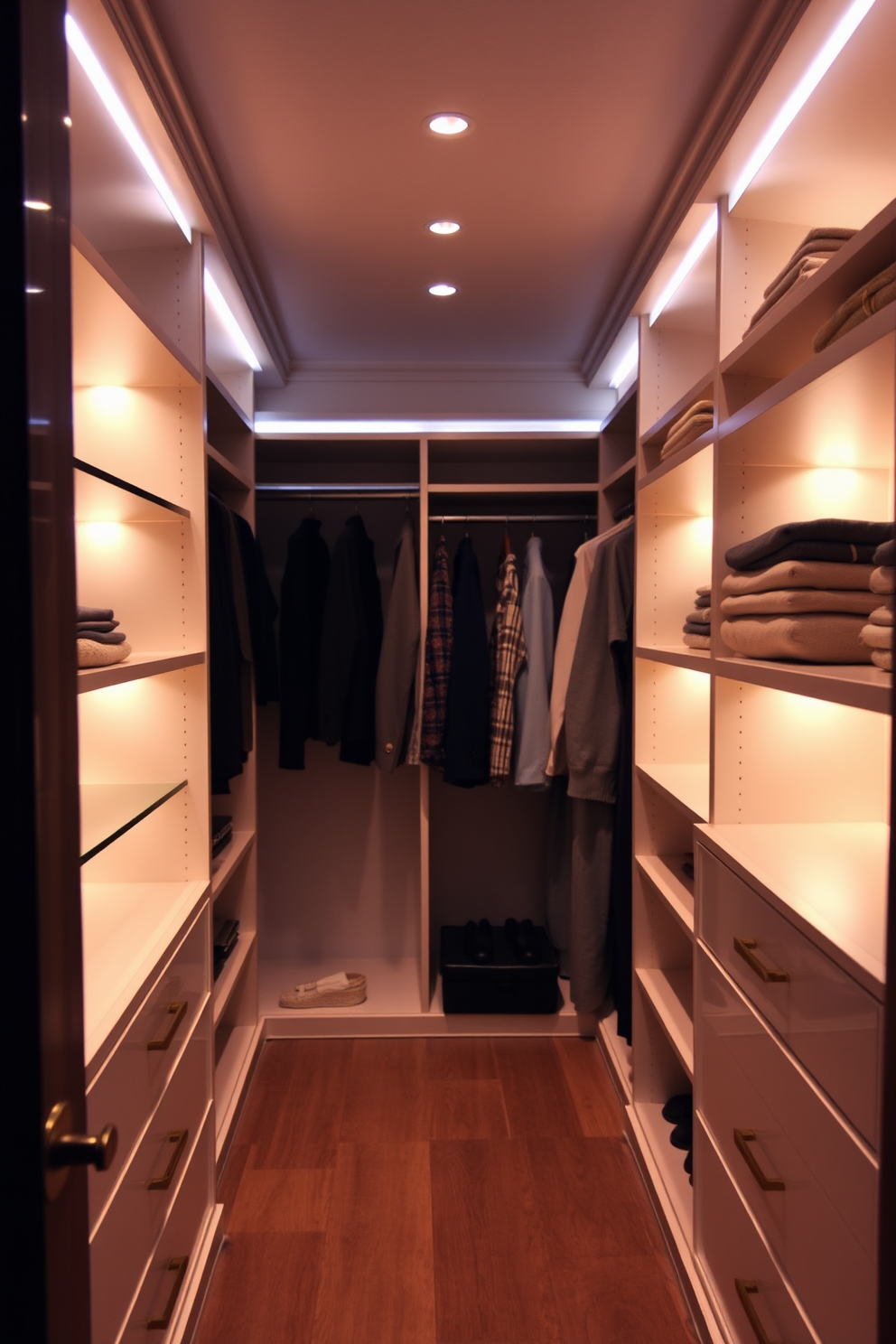 A luxurious walk-in closet designed for functionality and style. The space features motion sensor lights that illuminate the room as soon as you enter, providing convenience and enhancing the overall experience. The closet is lined with custom shelving and hanging options to maximize storage. Soft, warm lighting creates an inviting atmosphere, highlighting the elegant finishes and organized layout.