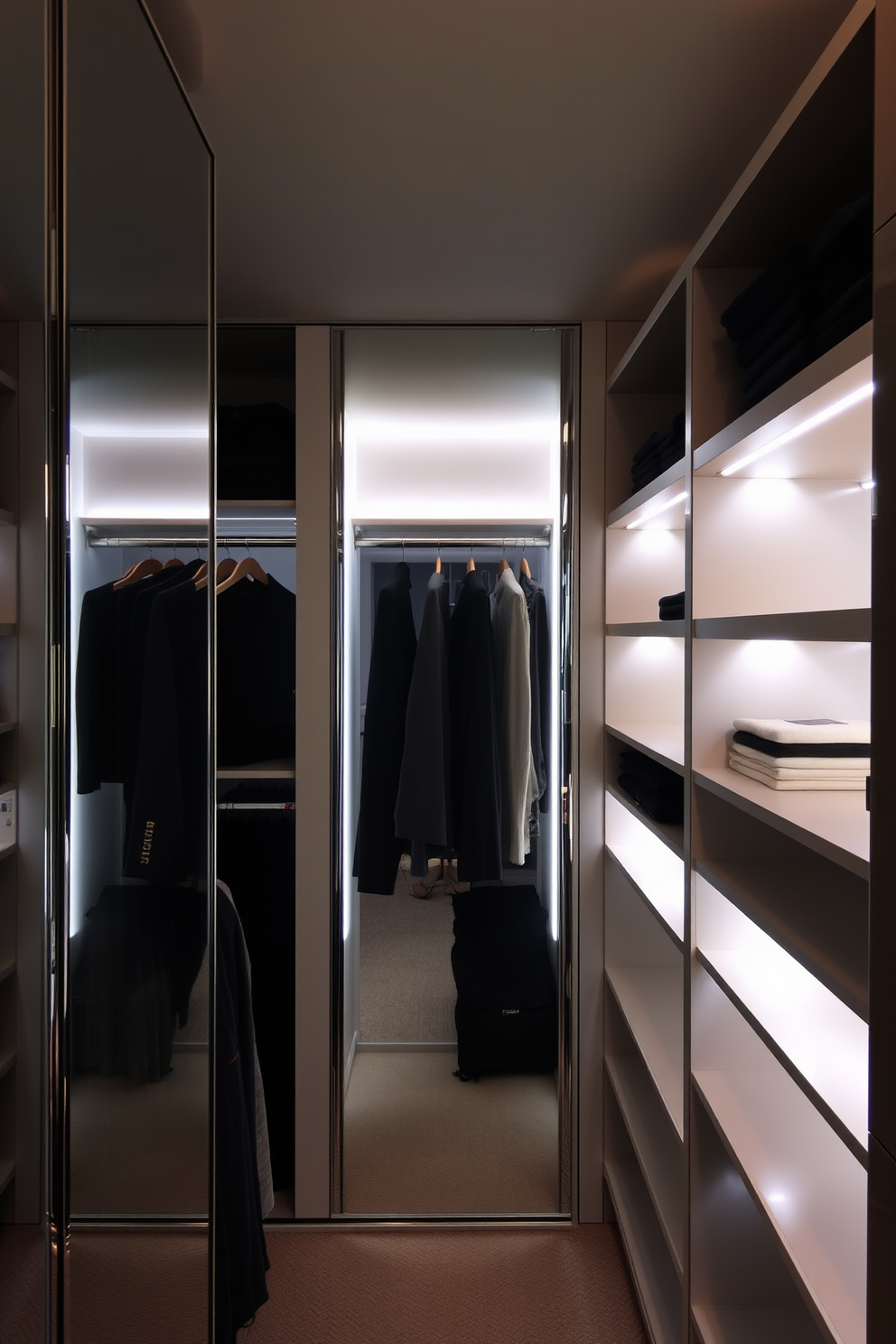 A sleek walk-in closet features backlit mirrors that enhance the modern aesthetic. The mirrors are framed in polished chrome and provide a bright, flattering light that illuminates the entire space. The closet is designed with built-in shelving and hanging space, maximizing storage efficiency. Soft LED lighting is integrated into the shelves, creating a warm ambiance and highlighting the clothing and accessories.