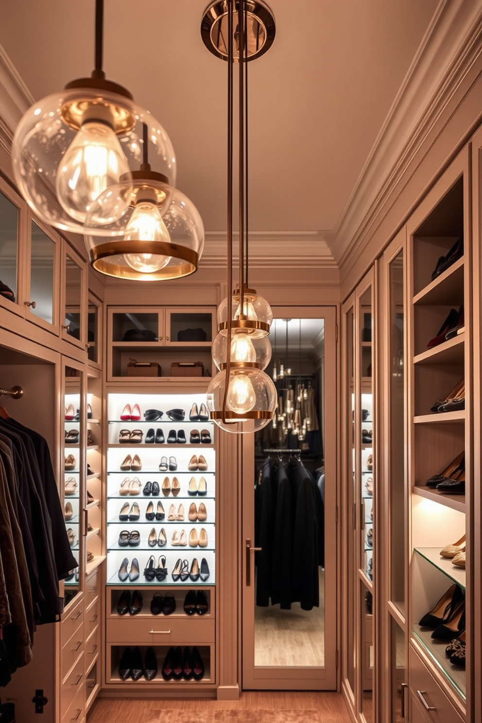 A stunning walk-in closet features elegant pendant lights that serve as a statement piece. The soft glow from the lights highlights the luxurious finishes and organized displays of shoes and accessories. The pendant lights are hung at varying heights to create visual interest and depth. This thoughtful lighting design enhances the overall ambiance, making the closet a stylish and inviting space.