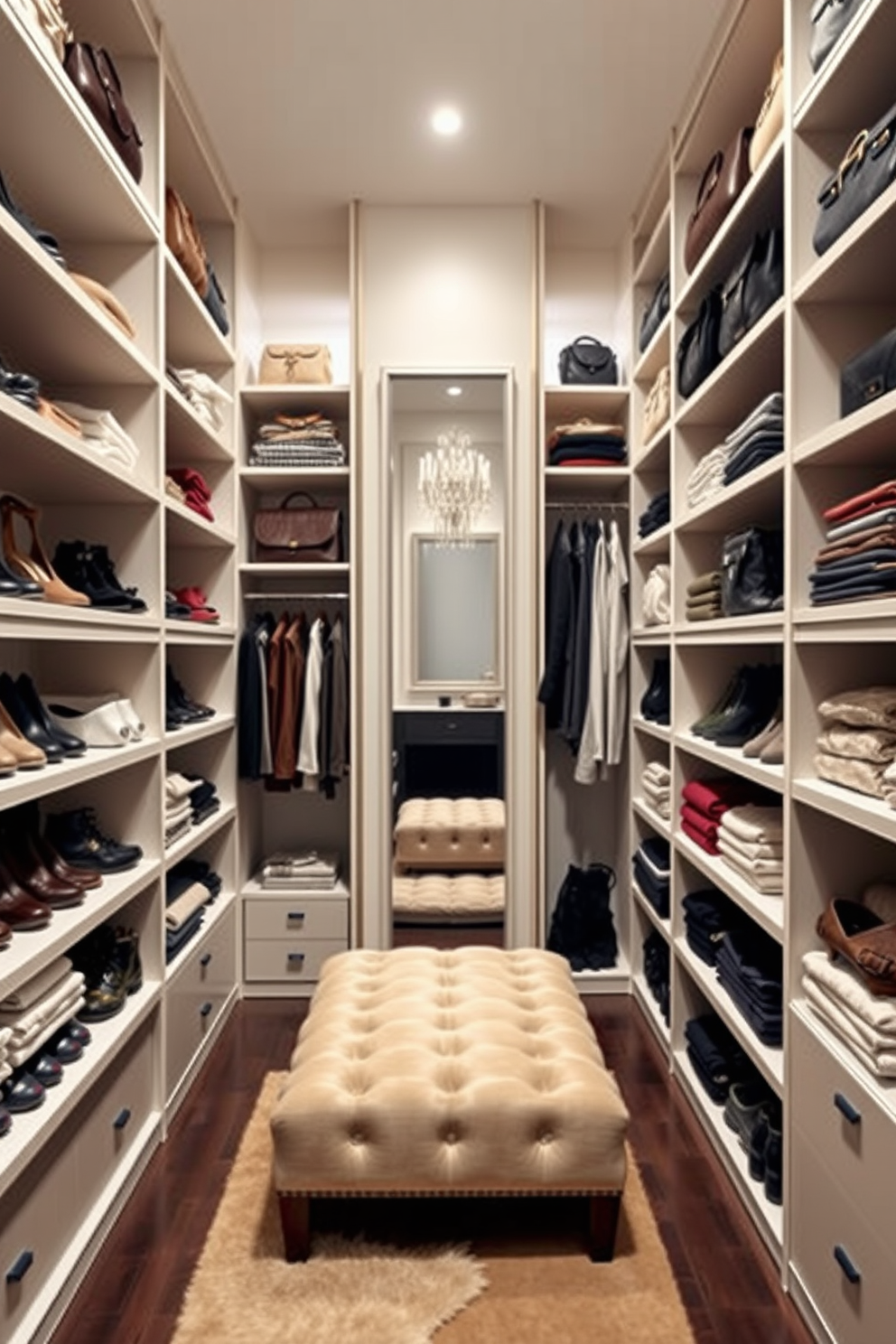 A stylish walk-in closet featuring tall shelves that maximize vertical space. The shelves are filled with neatly organized shoes, bags, and folded clothing, creating a visually appealing and functional storage solution. In the center, a plush ottoman adds comfort, while soft lighting highlights the carefully curated accessories displayed on the upper shelves. A full-length mirror reflects the organized space, enhancing the overall elegance of the closet.