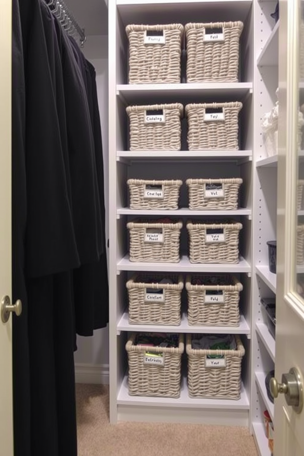 A walk-in closet designed for optimal organization features multiple baskets neatly arranged on shelves for storing smaller items. The baskets are labeled for easy identification, ensuring that everything has its designated place and is easily accessible.