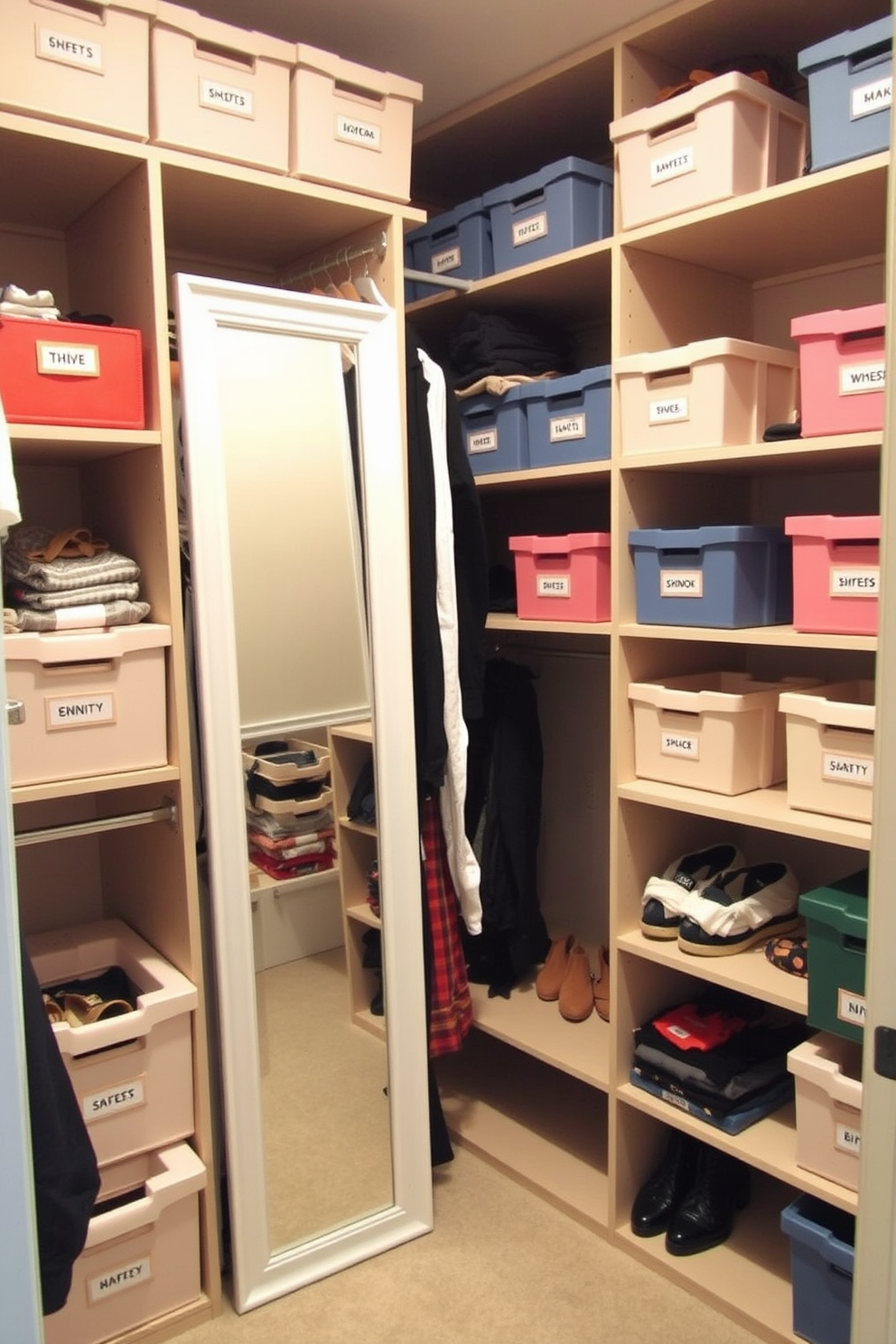 A well-organized walk-in closet features labeled storage boxes neatly arranged on shelves for quick access to items. Each box is color-coded and clearly marked, making it easy to find shoes, accessories, and seasonal clothing. The closet includes a combination of hanging rods and shelves to maximize space efficiency. A full-length mirror is positioned strategically to enhance the sense of space and provide functionality.