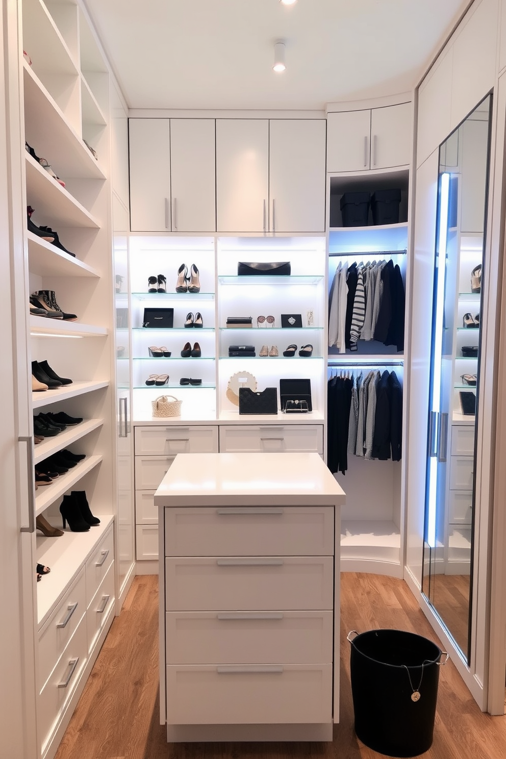 A modern walk-in closet featuring sleek white cabinetry with ample shelving and hanging space. Soft LED lighting illuminates the area, highlighting a stylish shoe display and neatly organized accessories. The closet includes a central island with drawers for jewelry and small items, topped with a chic countertop. A full-length mirror is positioned on one side, enhancing the sense of space and functionality.