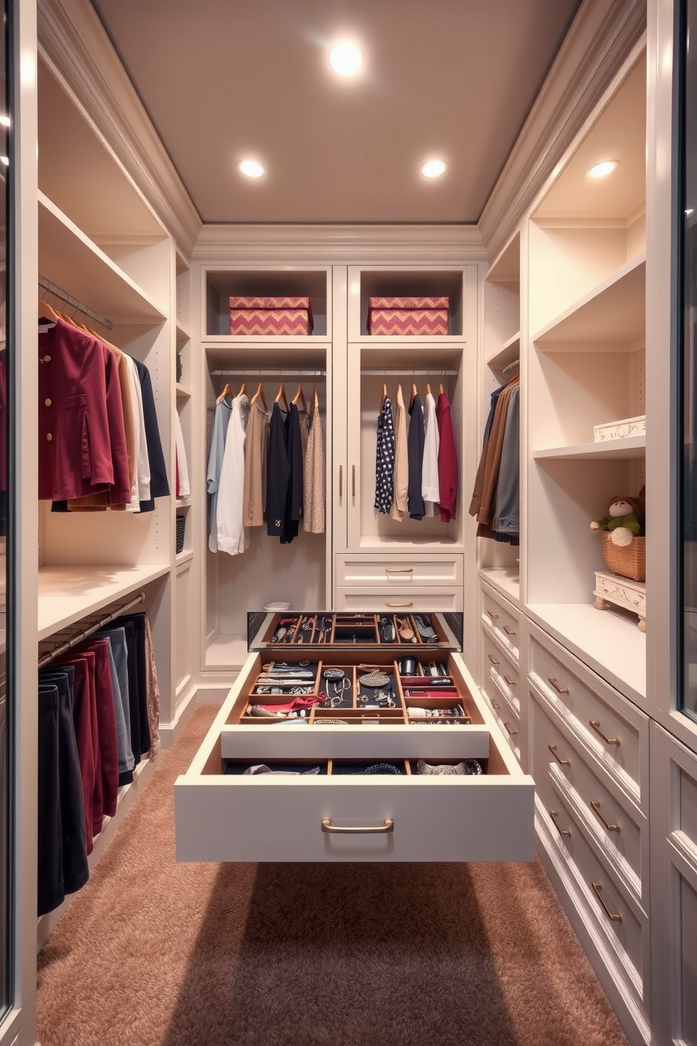 A luxurious walk-in closet featuring a spacious layout with custom shelving and hanging space. The centerpiece is a beautifully crafted jewelry organizer drawer integrated into the cabinetry, showcasing an elegant array of accessories. The walls are adorned with soft, neutral tones, creating a calming atmosphere. Plush carpeting underfoot adds warmth, while strategically placed lighting highlights the organized space and enhances the overall aesthetic.