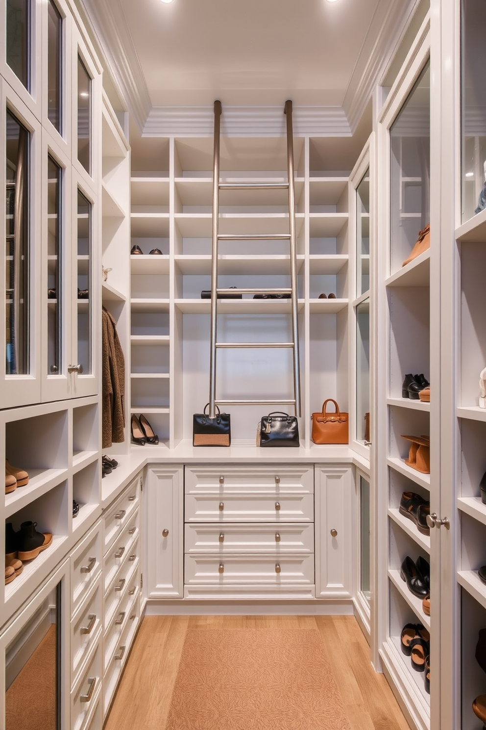 A luxurious walk-in closet featuring high shelves accessible by a stylish rolling ladder. The space is organized with custom cabinetry, including drawers for accessories and dedicated sections for shoes and bags.