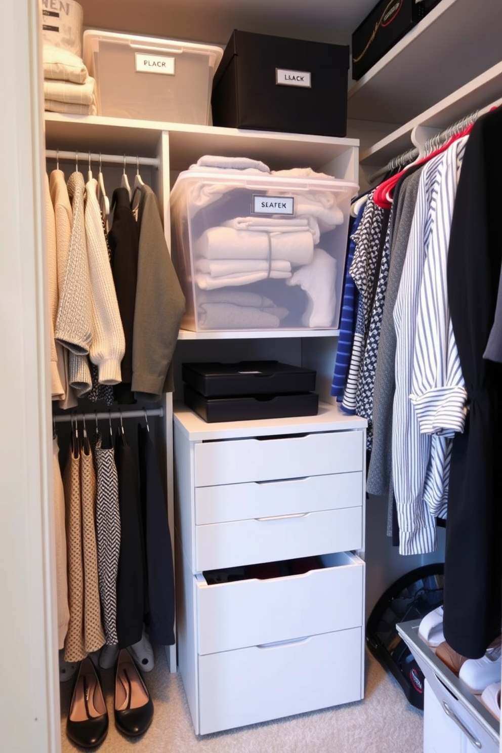 Create a seasonal clothing rotation system that maximizes space and accessibility. Use clear bins or labeled boxes to store out-of-season items, ensuring easy access to current wardrobe essentials. Implement walk-in-closet organization ideas that include adjustable shelving and hanging space. Incorporate pull-out drawers for accessories and shoes, creating a visually appealing and functional storage solution.