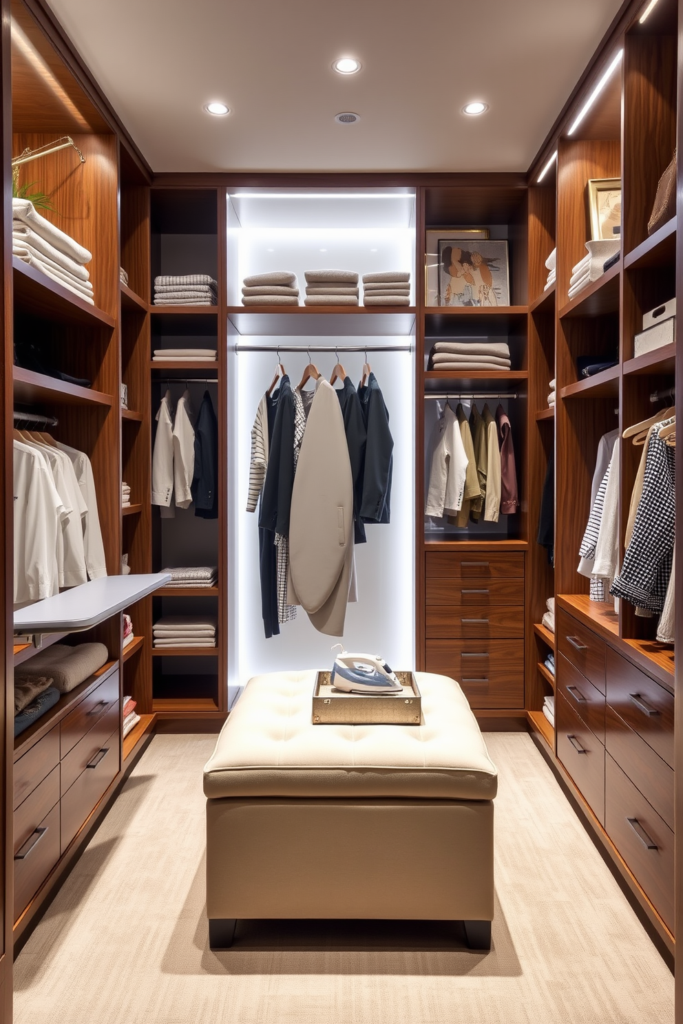 A stylish walk-in closet features a built-in ironing board seamlessly integrated into the cabinetry. The shelves are organized with neatly folded clothes, while elegant hangers display a curated selection of outfits. The closet is illuminated by soft, ambient lighting that highlights the rich wood finishes. A plush ottoman sits in the center for comfort while getting dressed, and decorative boxes are used to store accessories.