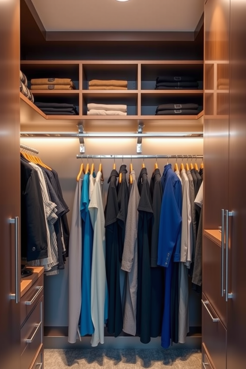 A stylish walk-in closet featuring tiered hangers for efficient space-saving organization. The walls are lined with sleek cabinetry, and soft lighting highlights the neatly arranged clothing and accessories.