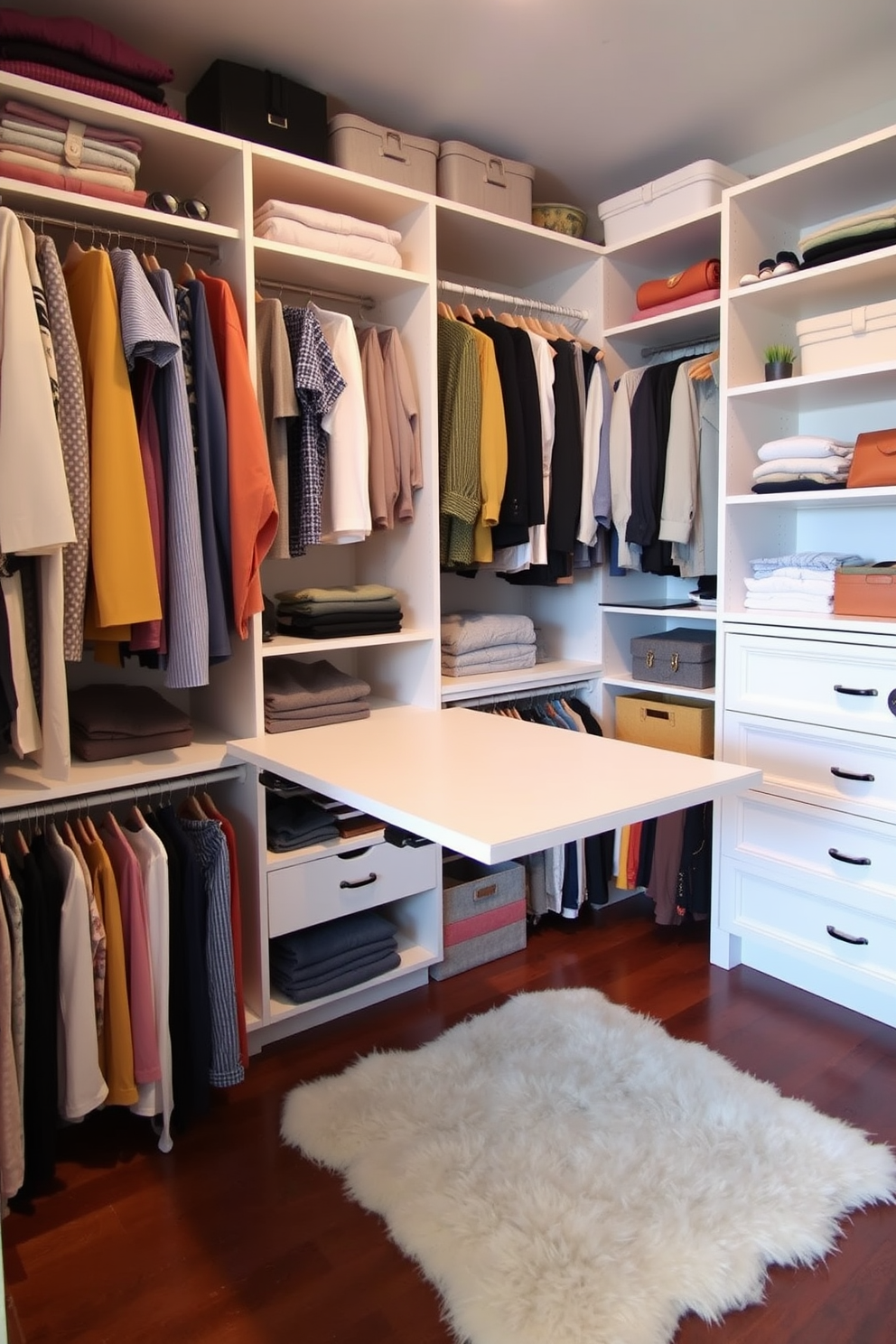 A spacious walk-in closet featuring a fold-out table for folding clothes. The shelves are neatly organized with color-coordinated clothing and accessories, while a plush rug adds comfort underfoot.