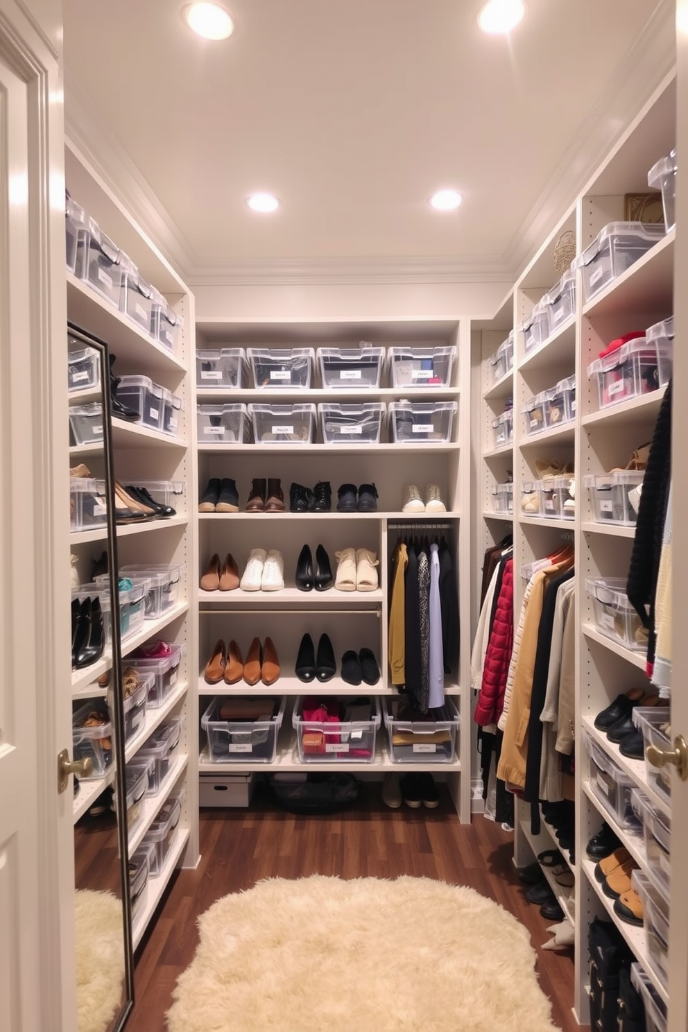 A spacious walk-in closet featuring clear bins for easy visibility and organization. Shelves are neatly arranged with labeled bins holding shoes, accessories, and seasonal clothing. The walls are painted in a soft neutral tone, enhancing the bright lighting from recessed fixtures above. A plush area rug adds warmth underfoot, while a full-length mirror reflects the stylish arrangement.