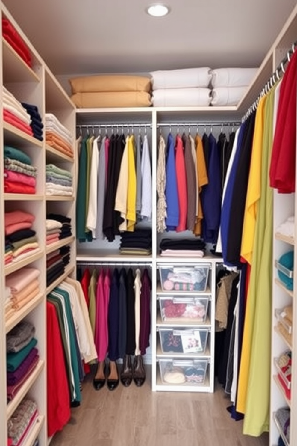 Create a walk-in closet that utilizes a color-coded clothing system for easy organization. The shelves are lined with neatly folded garments arranged by color, while hangers showcase outfits in a spectrum from light to dark. Incorporate dedicated sections for shoes and accessories, with clear bins for smaller items. Soft lighting illuminates the space, enhancing the visual appeal of the organized closet.