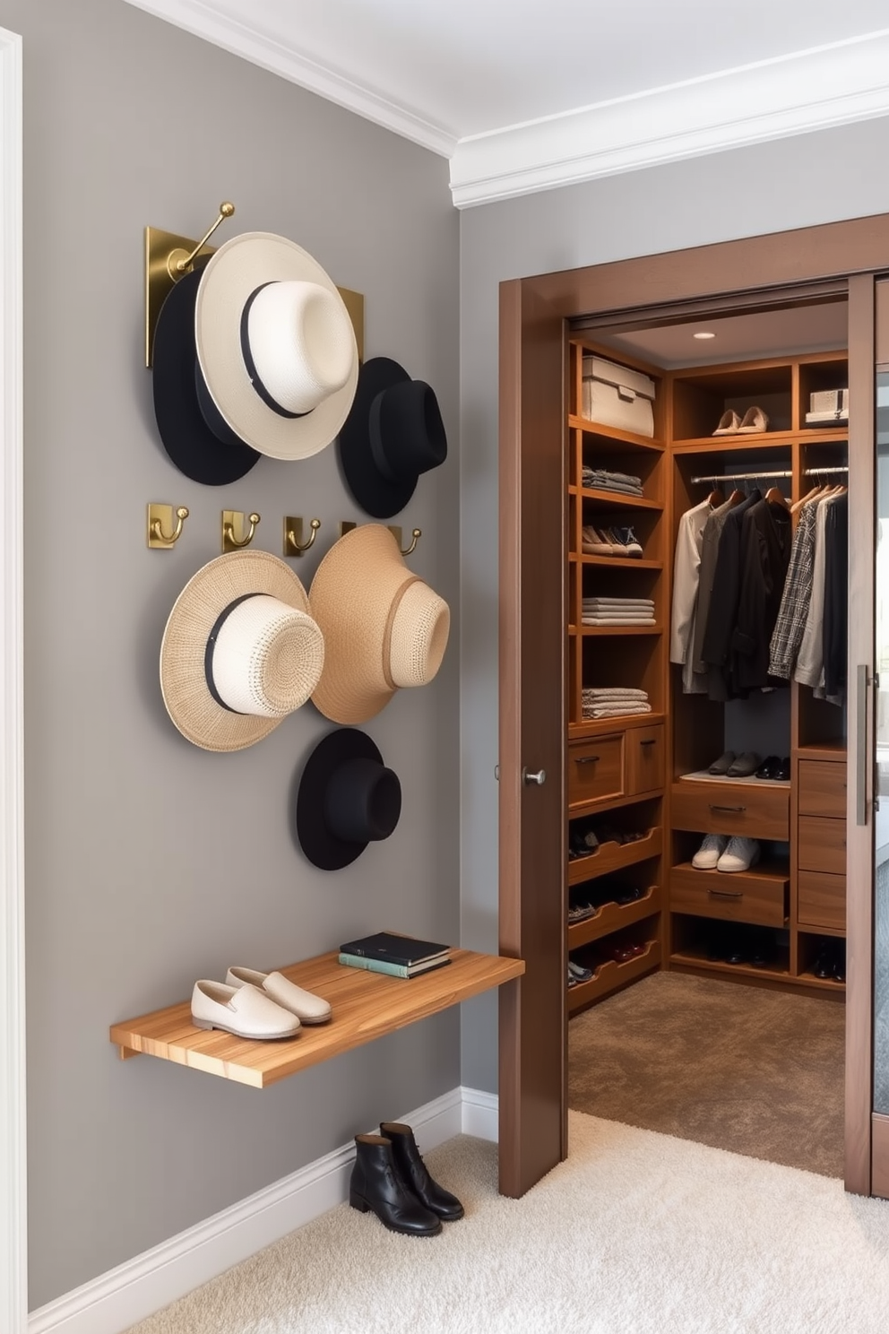 Create a dedicated space for hats with a stylish wall-mounted rack featuring hooks in a brushed brass finish. The background should be a soft gray with a plush carpet underfoot to enhance comfort and elegance. Incorporate a well-organized walk-in closet with custom shelving and drawers for shoes and accessories. Use a combination of warm wood tones and soft lighting to create an inviting atmosphere that showcases the wardrobe beautifully.