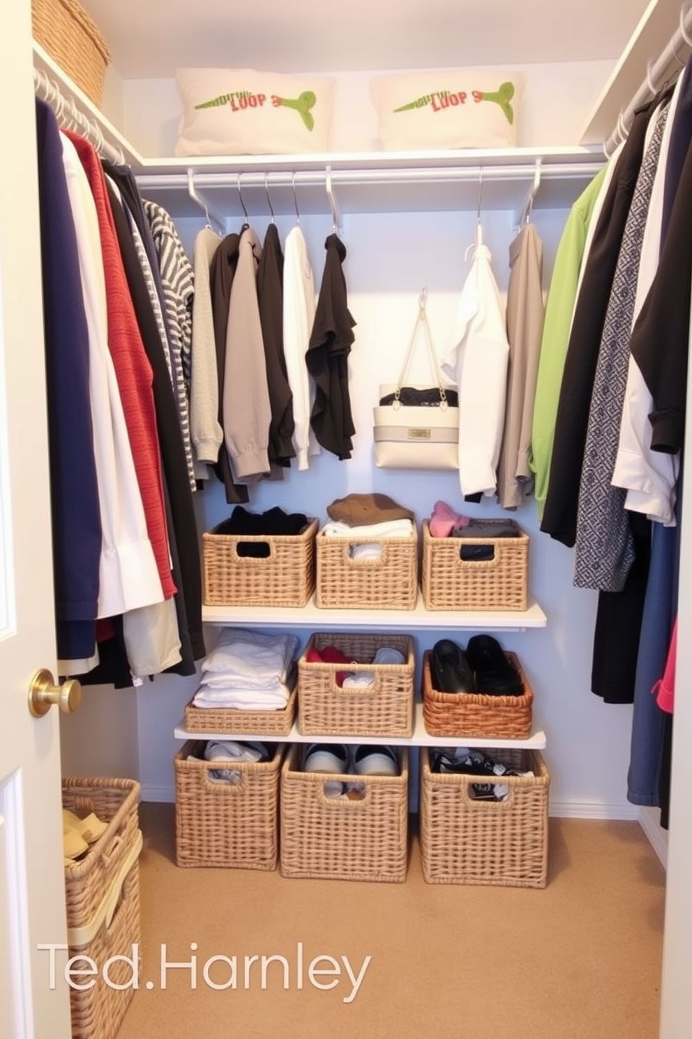 A walk-in closet featuring organized under-shelf baskets for extra storage. The baskets are neatly arranged to maximize space and keep accessories easily accessible.