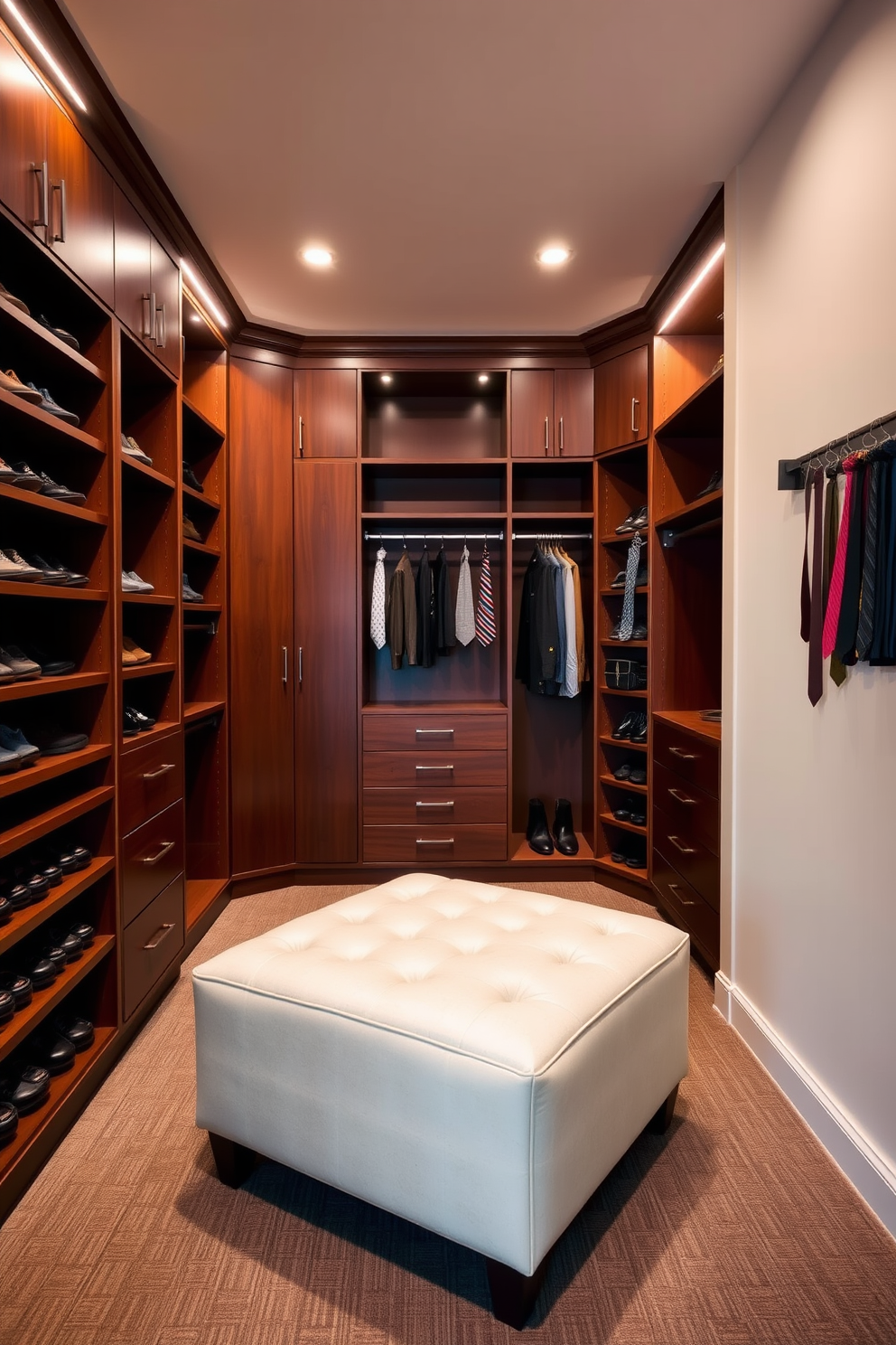 A spacious walk-in closet features custom shelving and a dedicated area for shoes. Along one wall, a stylish tie and belt rack is mounted, providing easy access and organization for accessories. The closet is illuminated by soft LED lighting, enhancing the rich wood finishes of the cabinetry. A plush ottoman is placed in the center, offering a comfortable spot for putting on shoes or planning outfits.