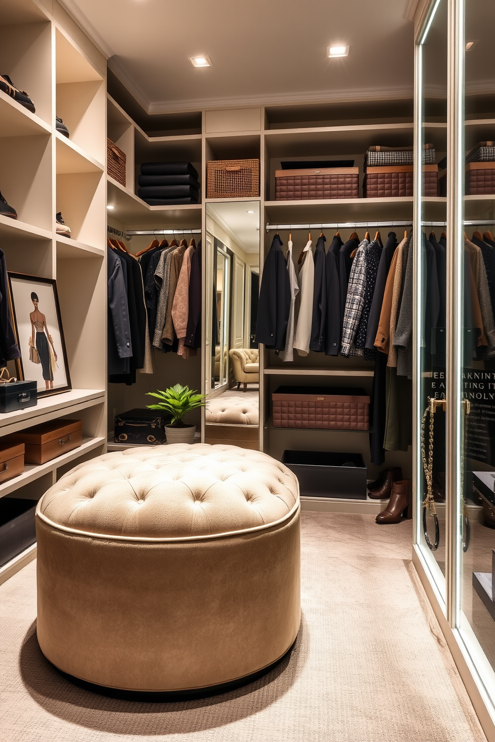 A luxurious walk-in closet featuring custom shelving and hanging space tailored for an extensive wardrobe. Soft lighting illuminates the area, highlighting a plush ottoman in the center and a full-length mirror against one wall. Incorporate decorative elements such as framed fashion illustrations and elegant storage boxes to add a personal touch. Add a small potted plant on the shelf to bring in a touch of greenery and warmth.