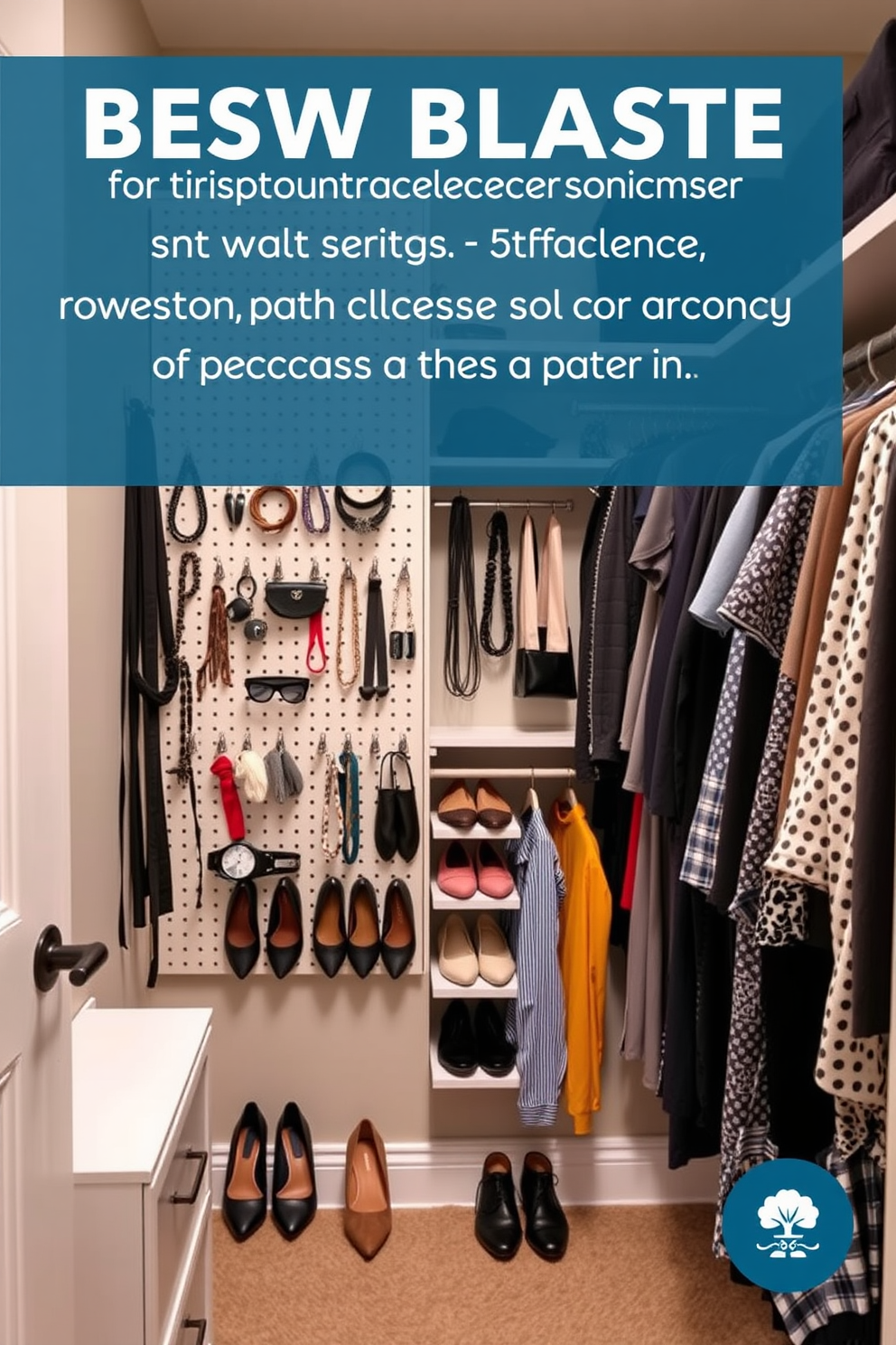 A stylish walk-in closet featuring a pegboard system for versatile storage solutions. The pegboard is mounted on one wall, showcasing various hooks and shelves for accessories and shoes, while the opposite side features neatly organized clothing racks.