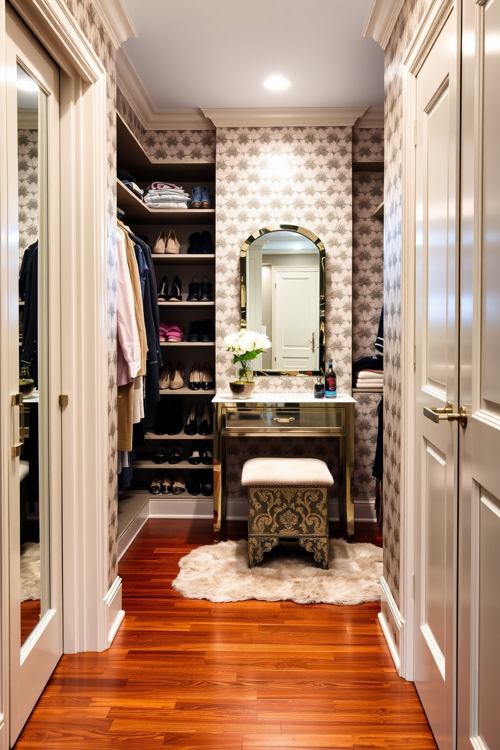 A stylish walk-in closet featuring a small vanity area with a chic mirror and soft lighting. The walls are adorned with elegant wallpaper, while the floor showcases polished hardwood, creating a warm and inviting atmosphere. The closet is organized with custom shelving for shoes and accessories, maximizing space efficiency. A plush area rug adds comfort, and a decorative stool complements the vanity for a sophisticated touch.