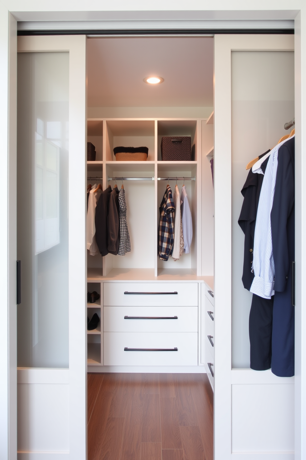 A modern walk-in closet featuring sliding doors for space efficiency. The interior is organized with custom shelving, hanging rods, and drawers, creating a streamlined and functional storage solution.