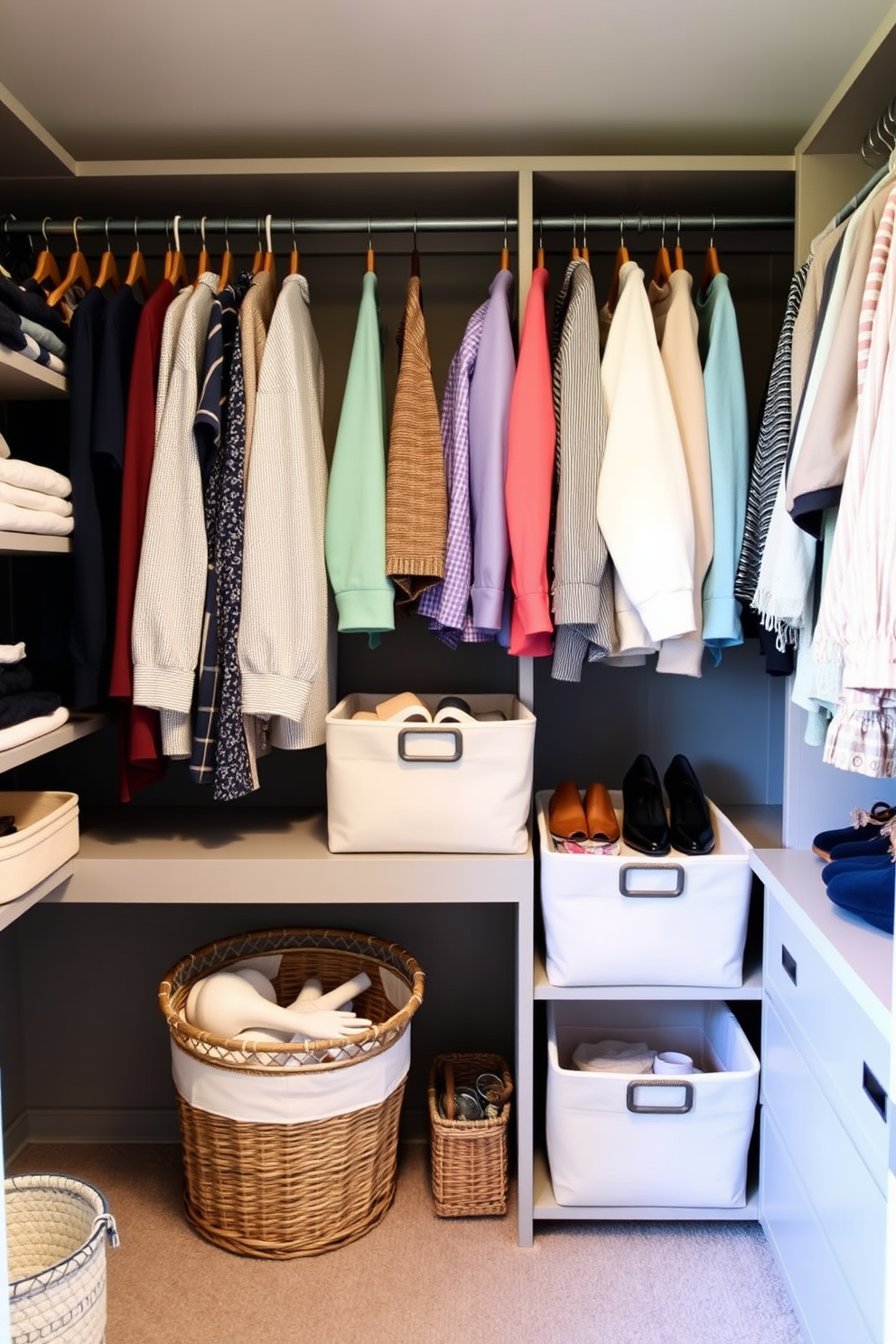 A stylish walk-in closet featuring soft fabric bins arranged on shelves for a cozy and inviting appearance. The closet is organized with color-coordinated clothing hanging neatly, and decorative baskets are used for accessories, creating a clutter-free environment.