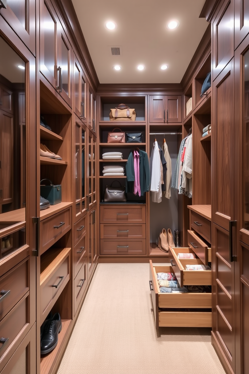 A luxurious walk-in closet featuring custom cabinetry with pull-out drawers for convenient storage. The space is designed with a mix of open shelving and hanging rods, allowing for easy organization of shoes, bags, and clothing items.