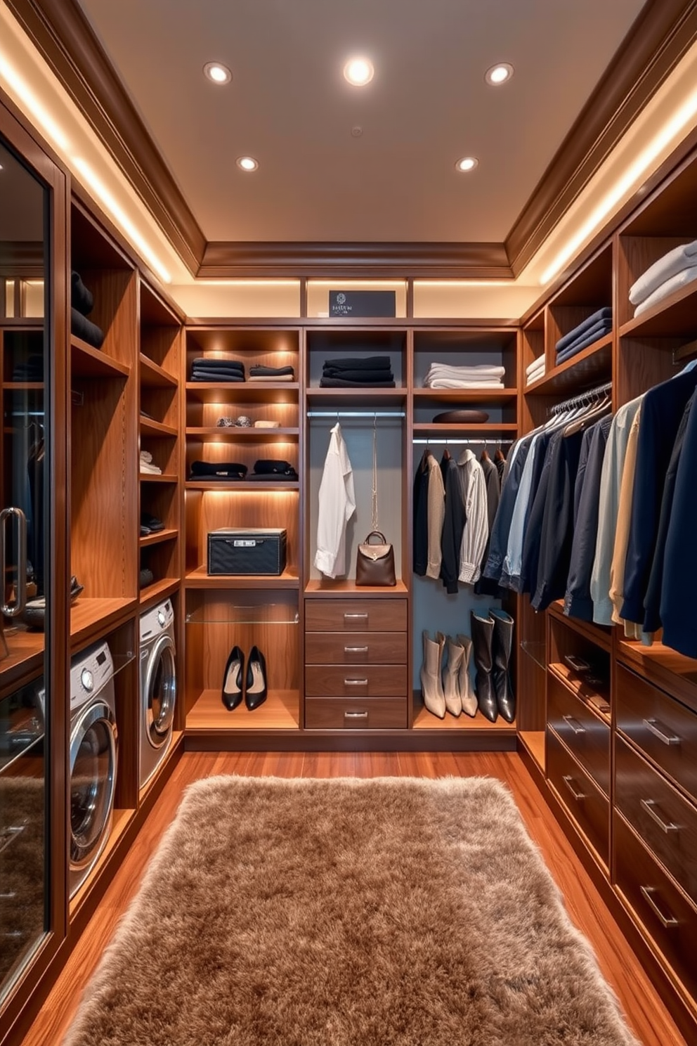 A luxurious walk-in closet designed for optimal organization features custom shelving units and elegant hanging rods. A dedicated laundry hamper section is seamlessly integrated, providing a stylish solution for sorting clothes while maintaining the overall aesthetic. The closet is adorned with soft, ambient lighting that highlights the carefully curated accessories and footwear displayed on open shelves. Rich wood finishes and a plush area rug add warmth and sophistication to this functional yet beautiful space.