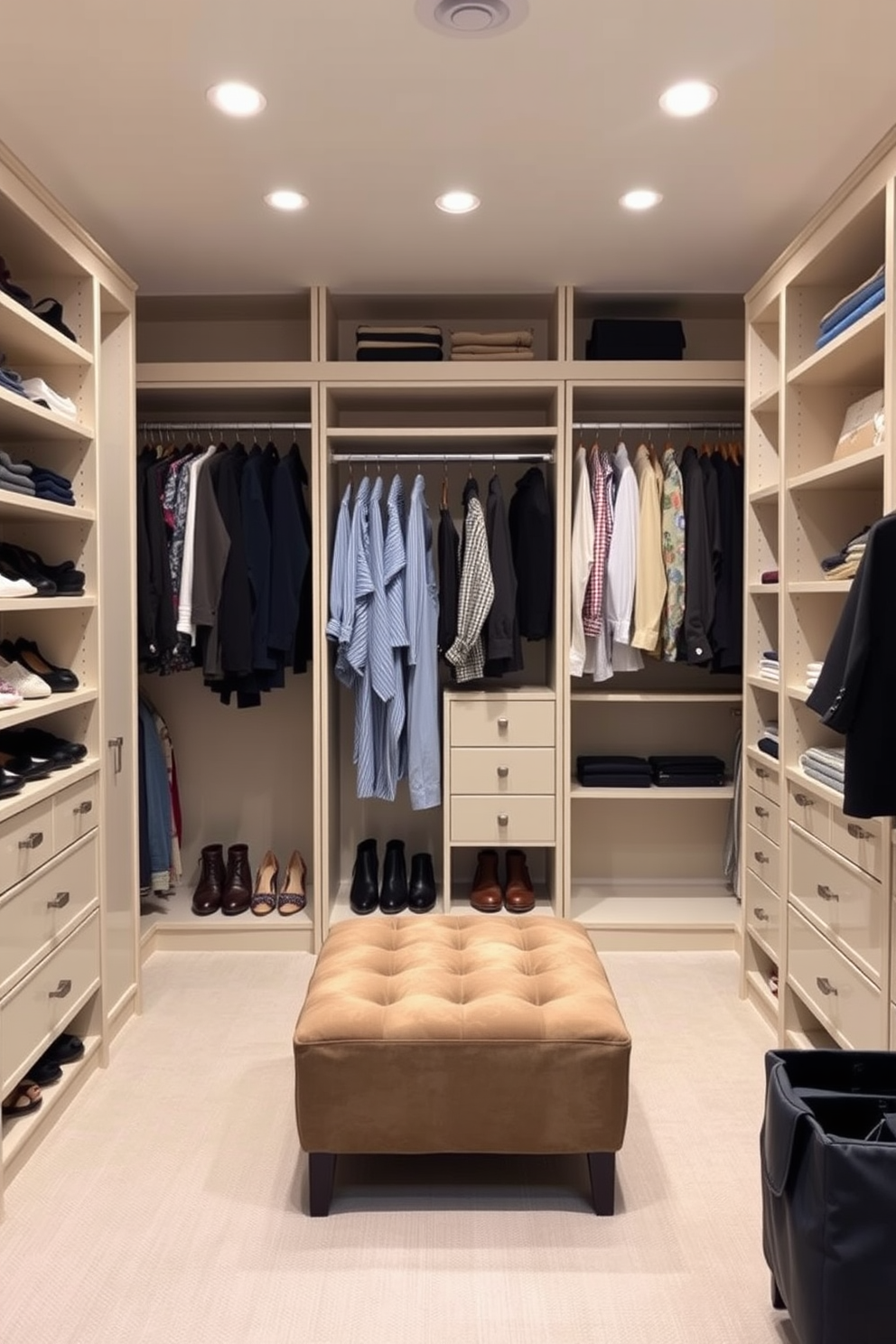 A spacious walk-in closet features a double hanging rod system that maximizes vertical storage. The rods are installed at varying heights to accommodate different clothing lengths, creating an organized and efficient space. Custom shelving units line the walls, providing ample room for shoes, accessories, and folded items. A plush ottoman sits in the center, offering a comfortable spot for putting on shoes or planning outfits.