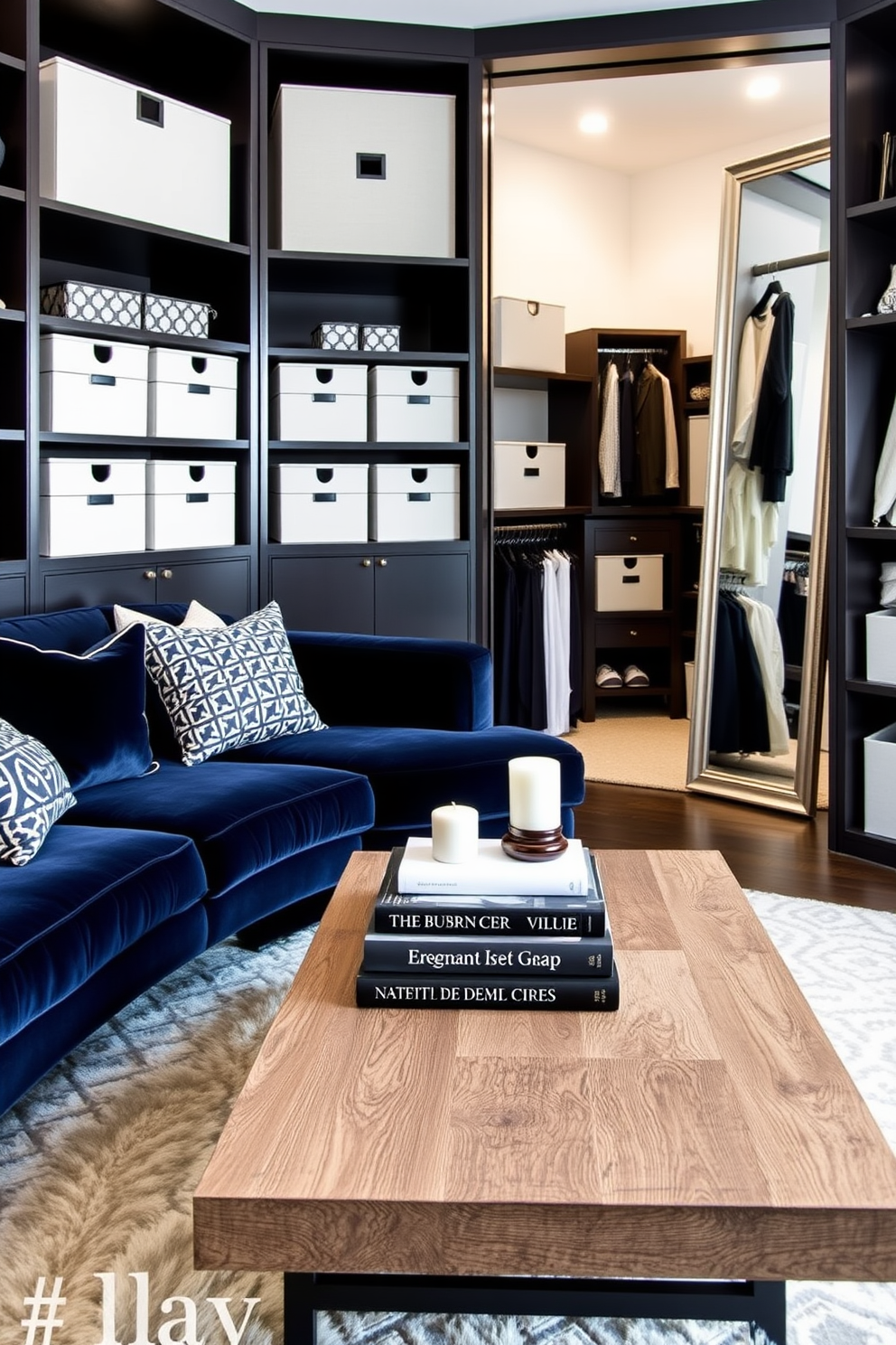 A cozy seating area features a plush velvet sofa in a rich navy blue, adorned with an assortment of patterned throw pillows. A soft area rug lies beneath the seating, while a stylish coffee table made of reclaimed wood sits in front, holding a stack of design books and a decorative candle. The walk-in closet is designed for optimal organization with custom shelving and hanging space. Elegant storage bins in neutral tones are neatly arranged, and a full-length mirror is positioned to reflect light and create an airy feel.