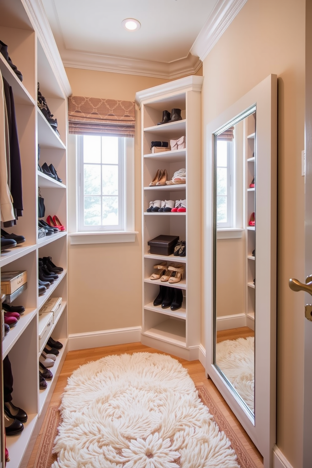 A stylish walk-in closet featuring corner shelves for extra storage. The shelves are filled with neatly organized shoes and accessories, creating a functional yet elegant space. The walls are painted in a soft beige, enhancing the natural light that streams in from a nearby window. A plush area rug adds warmth underfoot, while a full-length mirror reflects the organized beauty of the closet.