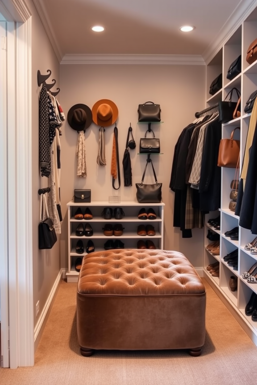 A chic walk-in closet features stylish hooks that display a curated selection of accessories including scarves, hats, and bags. The walls are lined with soft, neutral tones, creating a serene backdrop for the organized arrangement of items. Innovative organization ideas include tiered shelving for shoes and designated sections for handbags, ensuring everything has its place. A plush ottoman in the center provides a comfortable spot for putting on shoes, adding both functionality and elegance to the space.