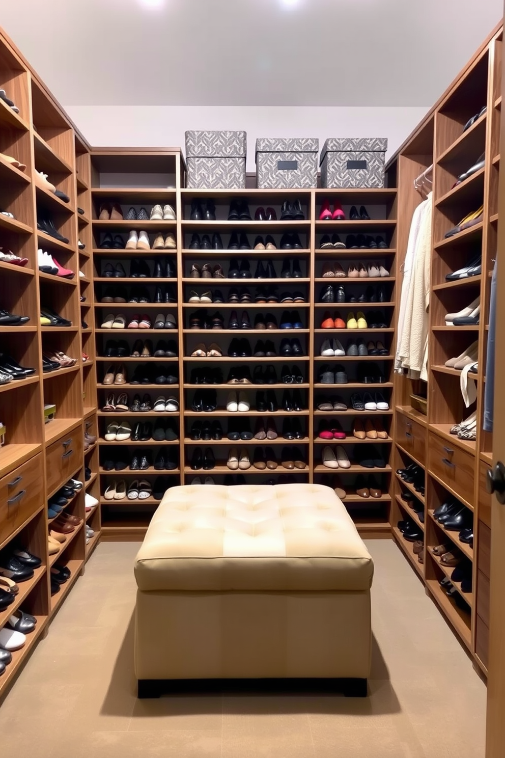 A stylish walk-in closet featuring a shoe wall with custom shelving designed to hold an extensive shoe collection. The shelving is made of sleek wood with a modern finish, and the wall is painted in a soft neutral tone to enhance the space. Incorporate a seating area with a plush ottoman in the center of the closet for convenience. Add decorative storage boxes on the top shelves to keep accessories organized and maintain a clean aesthetic.